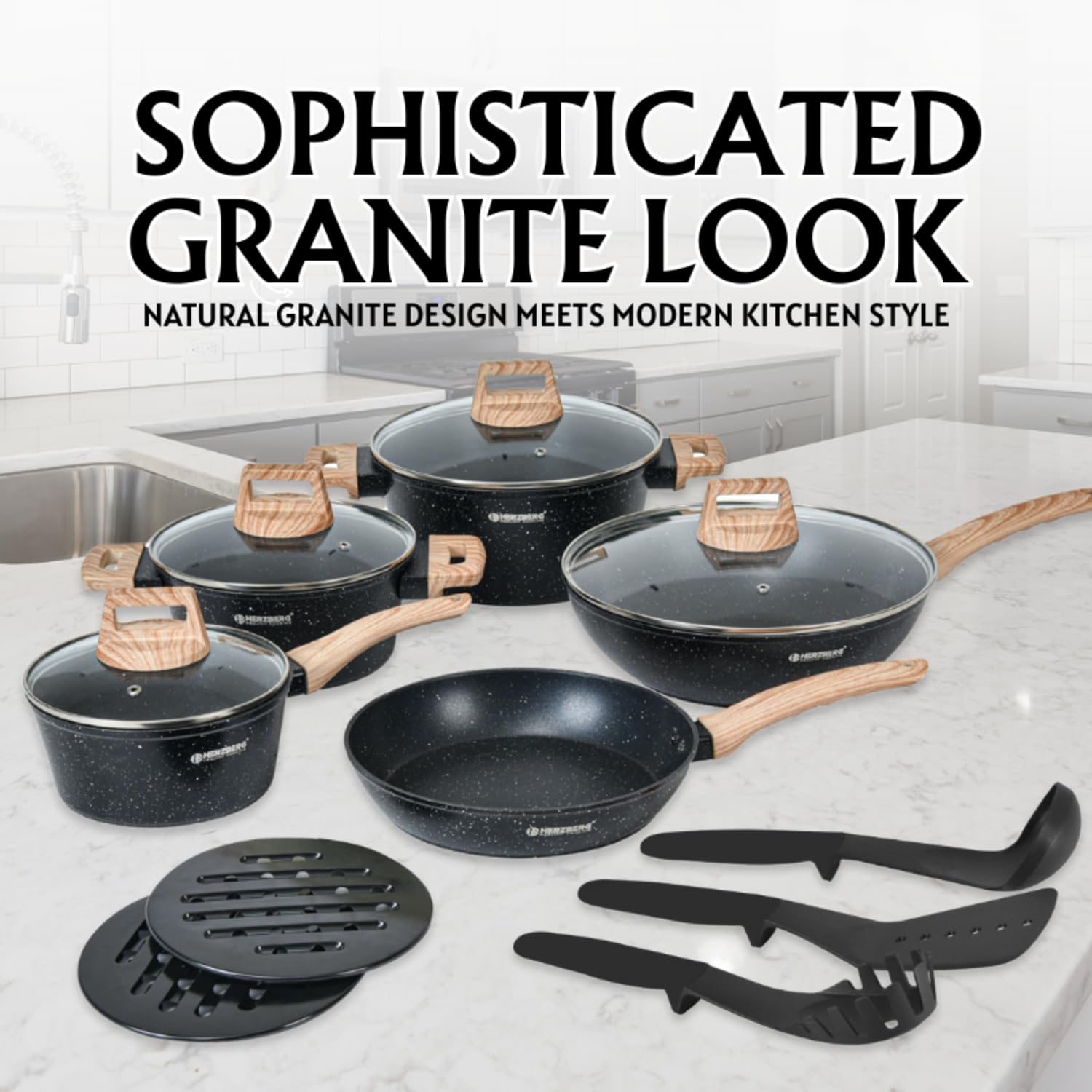 Herzberg - Batería de Cocina 14 Piezas, Revestimiento Granito, Aluminio Forjado, Mangos de Madera, Compatible Inducción, Tapas de Vidrio, Utensilios Incluidos, Negro