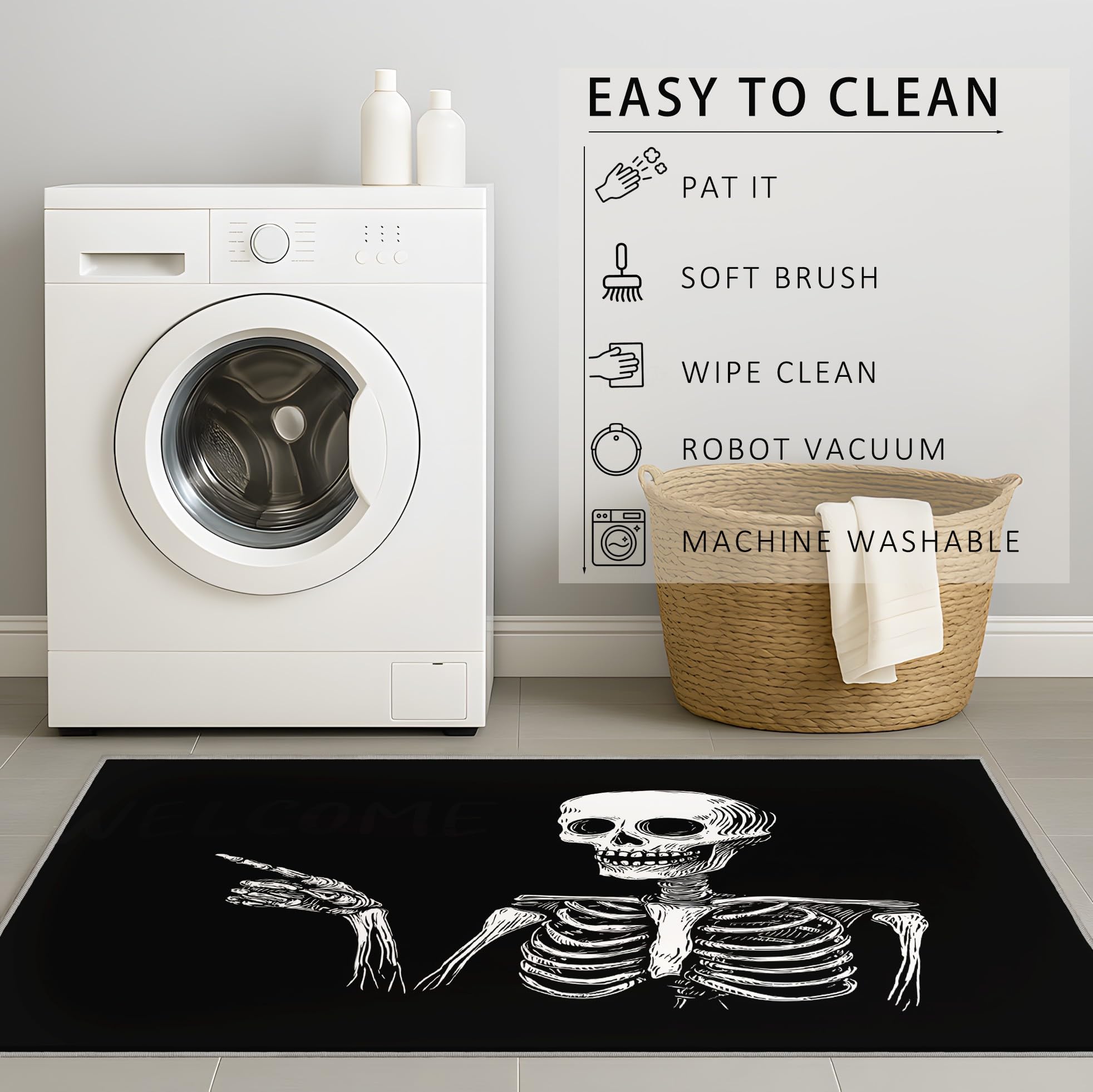 Générique Minimalistyczny gotycki dywan w stylu komiksowym - czarno-biały dywan z czaszką, dywan do salonu, antypoślizgowy i nadający się do prania w pralce, wycieraczka wewnętrzna z krótkim włosiem