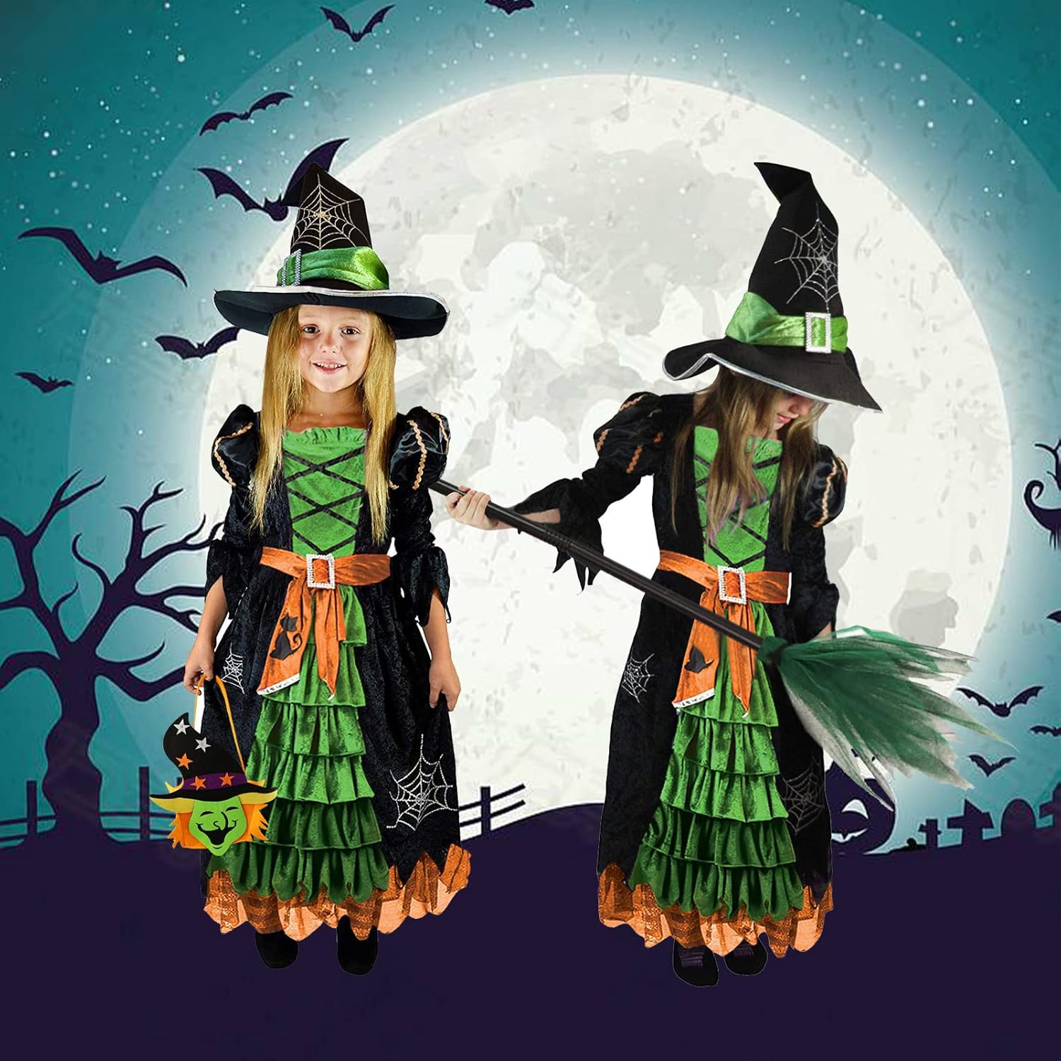 Miniatura 6 de Disfraces de bruja de Halloween para niñas, vestido de Halloween para niños, sombrero de bruja, escoba, bolsa de dulces de Halloween para fiesta (T,