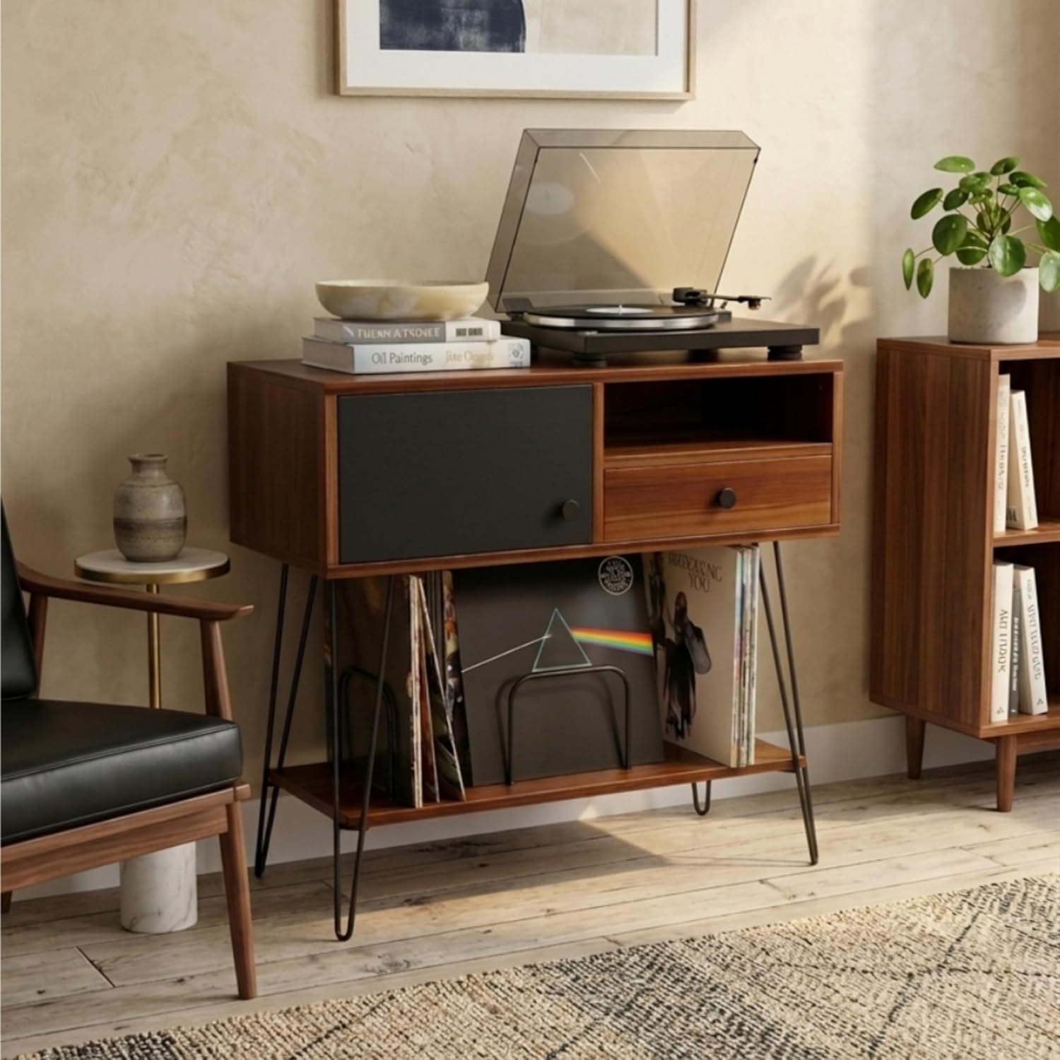 Large Mid Century Modern Record Player Stand with Vinyl Storage Holds Up to 200 Albums - Walnut Console Table for Turntables, Living Room, and Entryway | Record Player Table