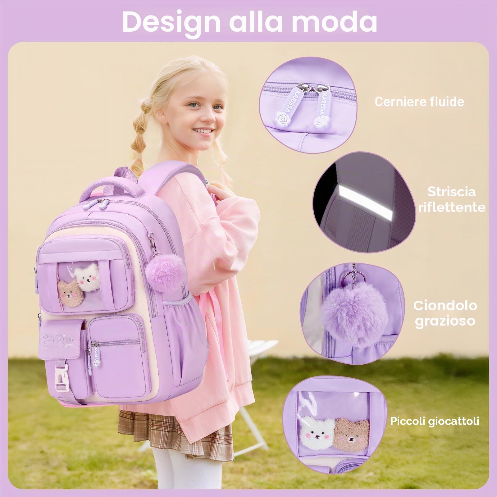 Amythe Zaino Scuola Elementare Bambina Traspirante, 7-12 anni | Zaini per Bambini dalla Prima alla Quinta Elementari, Zaino Ragazza in Nylon Impermeabile con Ciondolo, Viola