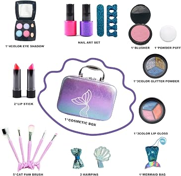 Kids Makeup Set for Girls - Non Toxic Washable Mermaid Makeup Kit, Little Mermaid Toys for Girl 5-7, 8-12,Princess Dress up Beauty Vanity Set,Ideal Party Gifts for Halloween Christmas and Birthday