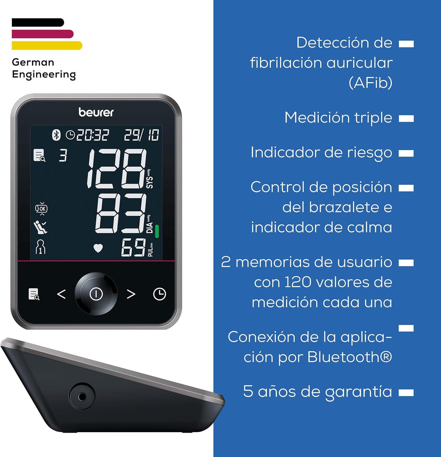 Beurer BM 64 tensiómetro de brazo, detección de AFib, indicador de reposo, manguito 22-42 cm, con aplicación, transferencia de datos a Apple Health