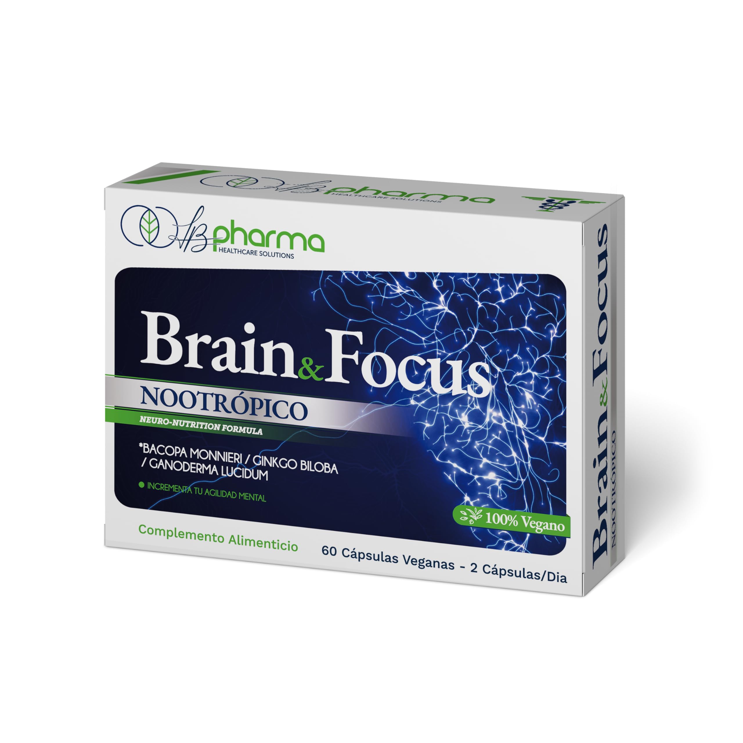 LB PHARMA - Nootrópico Brain & Focus con Bacopa Monnieri, Ginkgo Biloba y Reishi · Memoria, Concentración y Claridad Mental · Energía Mental Natural · 60 Cápsulas Veganas