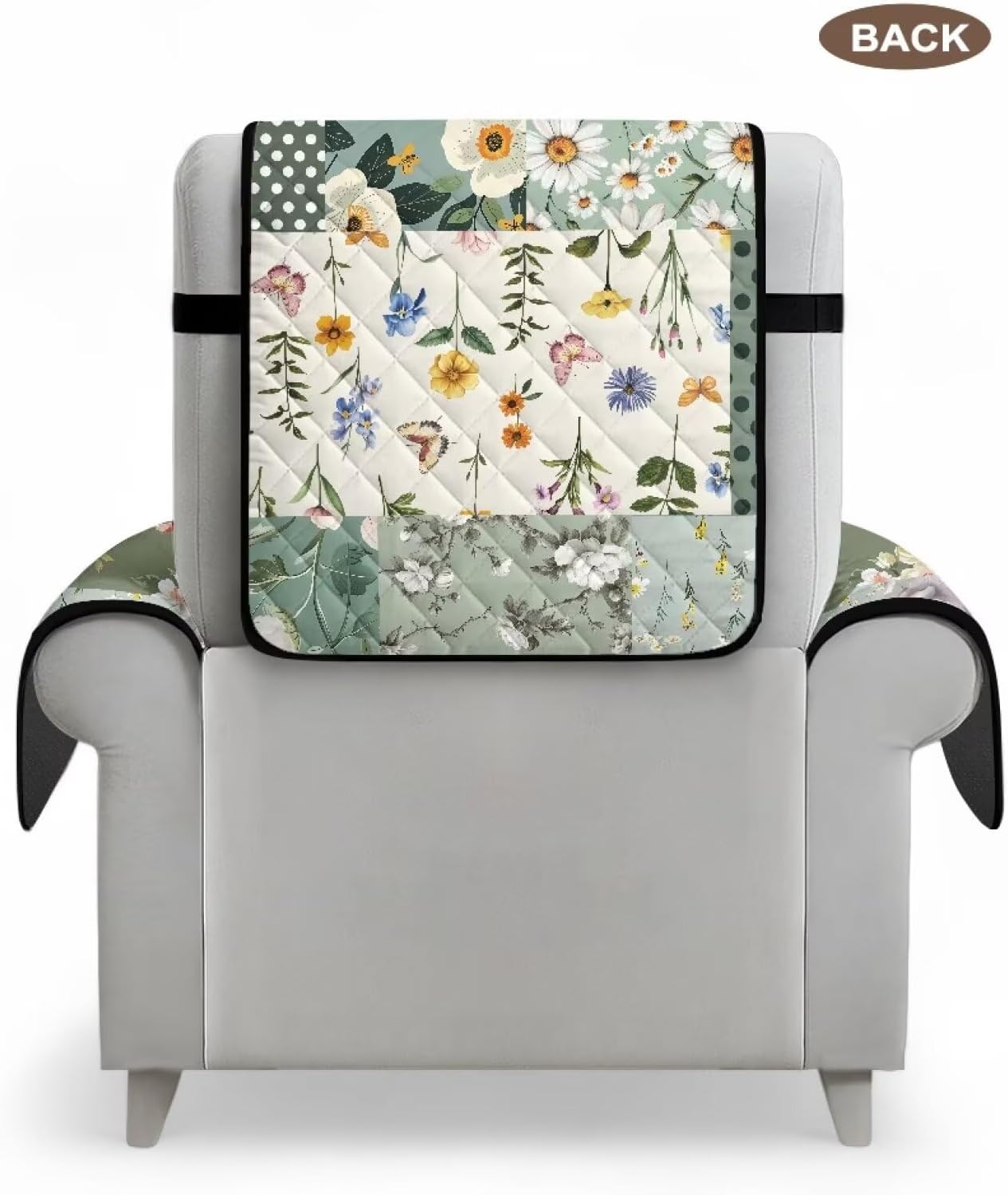 ZDCUSTOM Boho Floral Blossoms Reversible Quilted Oversized Recliner Cover, Water-Resistant Furniture Protector, Washable Couch Cover with Elastic Straps for Kids, Pets
