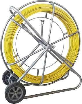 INTBUYING 8mm x 260m 5/16"x 853ft Fiberglass Fish Tape, Heavy Duty Duct Rodder Wire Puller with Cage Brake & Moving Wheels, Conduit Cable Running Rod for Electricians, Fiberglass Cable Pulling Rod