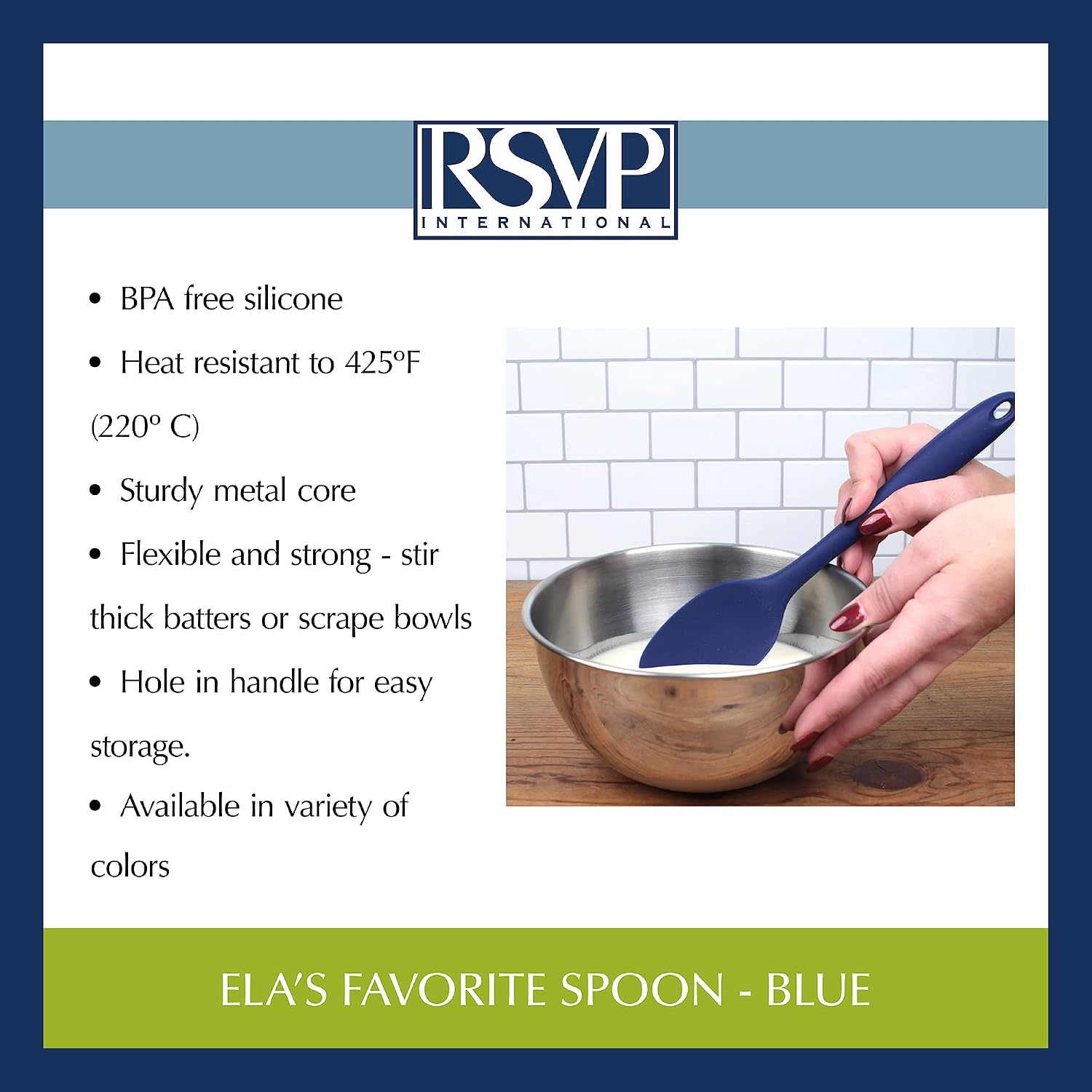 RSVP International Ela's Favorite Silicone Spatula Spoon, Blue, 11" | BPA-Free Silicone | Mix Thick Batters, Scrape Sauces, Stir Pasta, & More | Dishwasher Safe & Heat Resistant