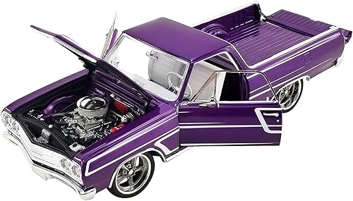 Miniatura 2 de 1965 Chevy El Camino SS Custom Cruiser Purple Met con gráficos blancos Edición limitada a 678 piezas en todo el mundo 1/18 Modelo de coche fundido a