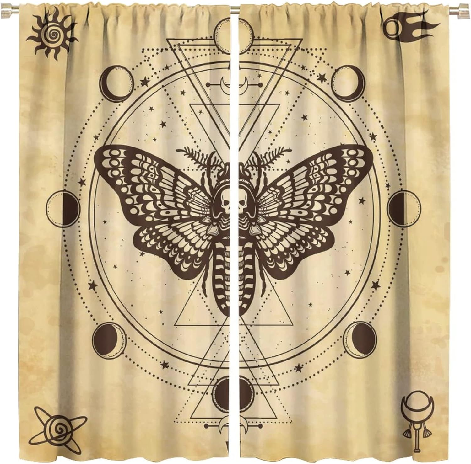Death Moth Blackout Window Curtains, Mystical Drawing Moth Dead Head Circle of A Phase of The Moon Sacred Geometry Alchemy Magic Esoteric Occultism, For Living Room Bedroom 42x45in 2 Panels