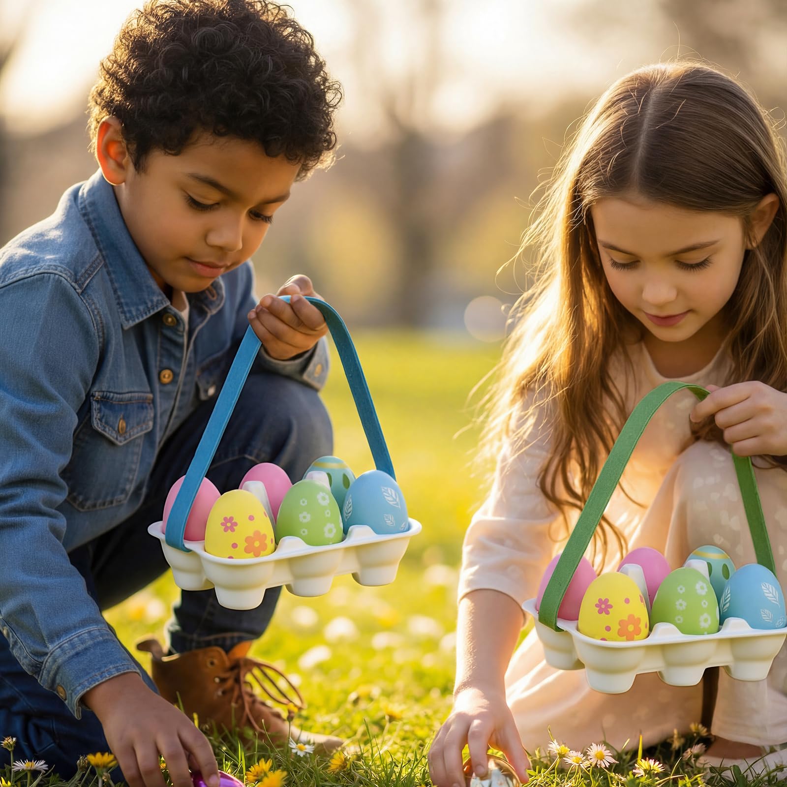 Confezione da 24 cartoni per uova di Pasqua con manici colorati, 6 pezzi, riutilizzabili, mezza dozzina di cartone decorativo, per attività all'aperto di Pasqua, progetti fai da te, regali