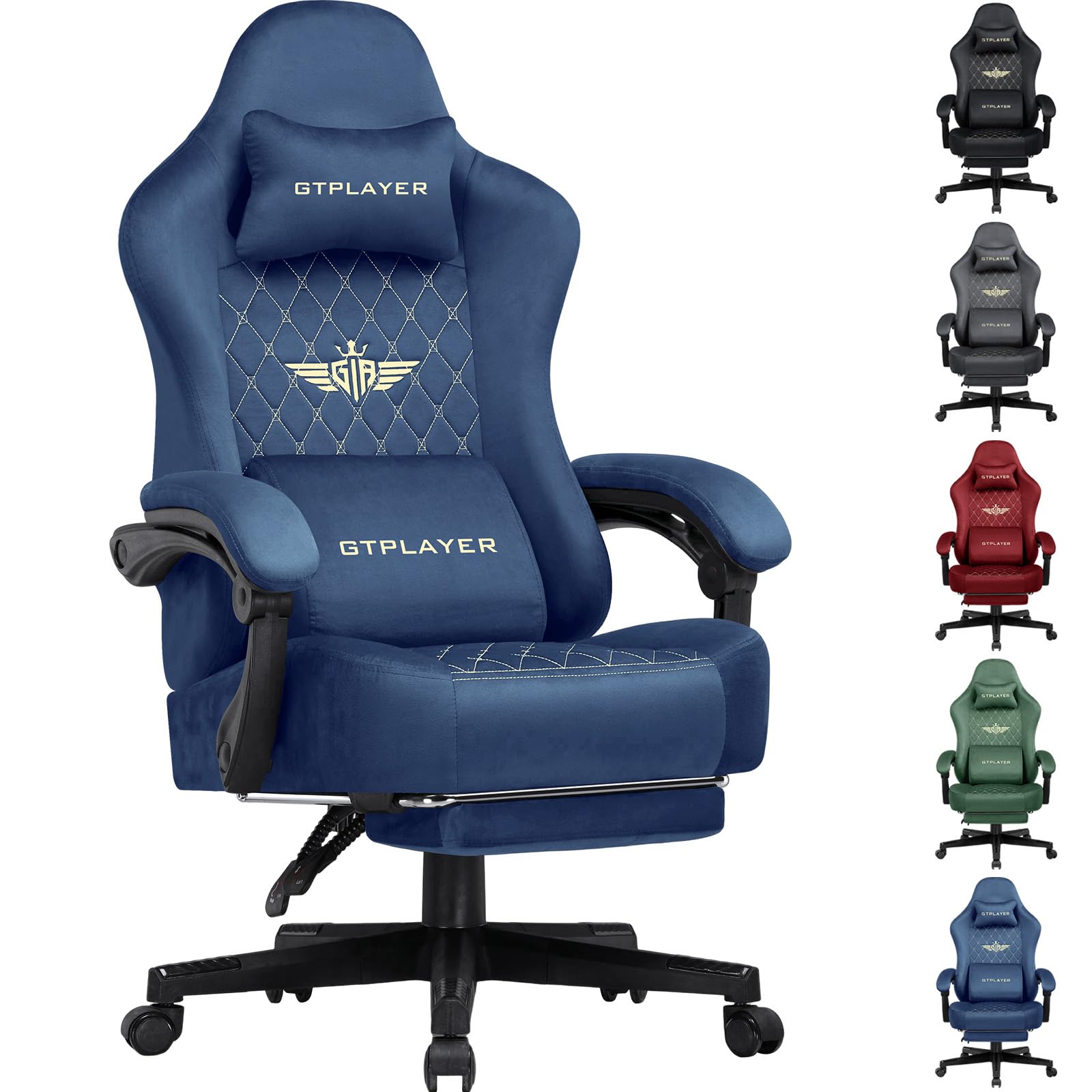 GTPLAYER Fabric Gaming Chair, Ergonomic Computer Chair with Footrest and Lumbar Support Height Adjustable Home Office Chair with 360ยฐ-Swivel Seat and Headrest (Blue)