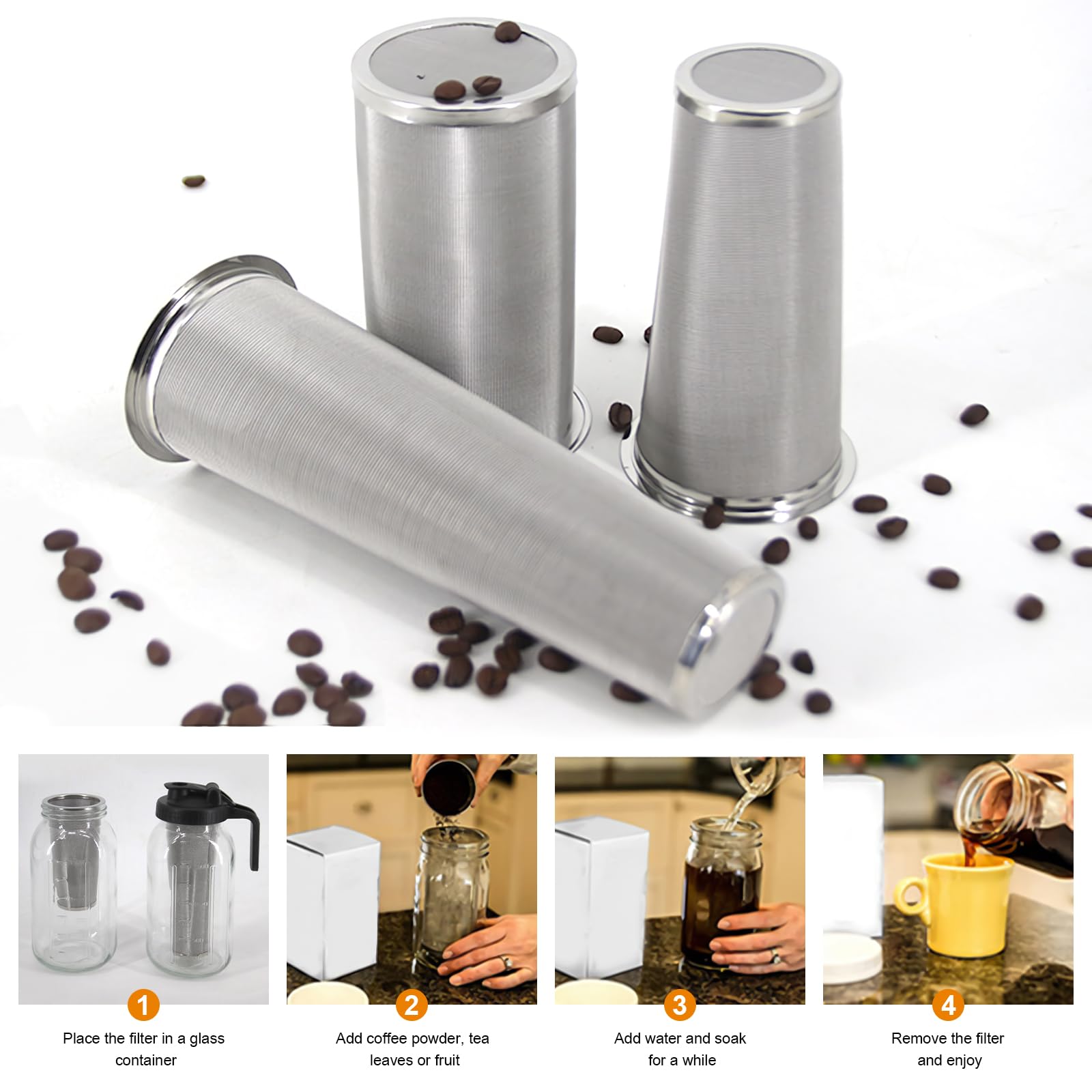 Filtre à café à froid pour pot Mason large goulot, passoire acier inoxydable 304, cafetière glacée 950 ml