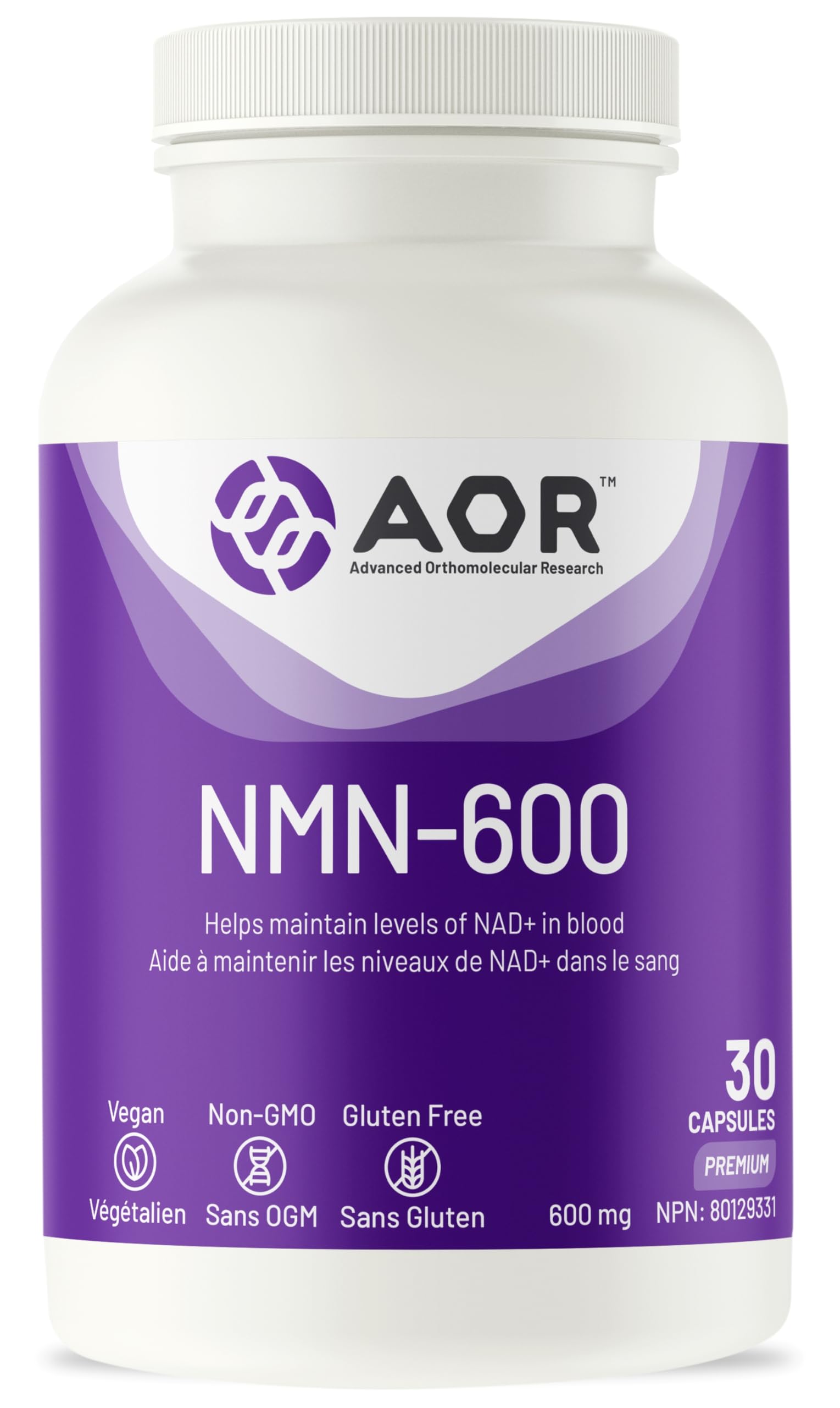 AOR NMN-600mg, 30 Vegan Capsules - Non-GMO, Gluten-Free, High 