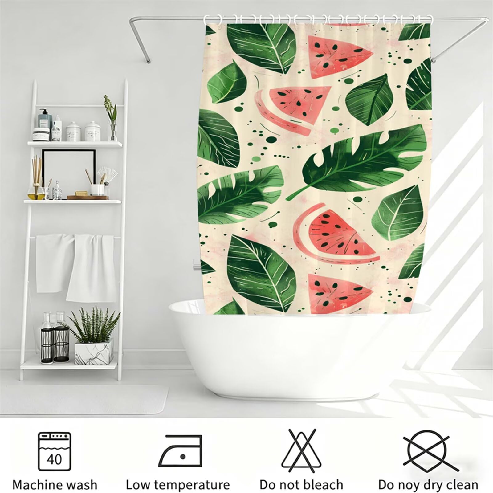 Duschvorhang Grün, Polyester Stoff aus Textil – Wasserdicht – Waschbar – Inkl 12 Ringe – Badewannenvorhang für Dusche & Badewanne, Shower Curtains 160x200cm Wassermelone J-724