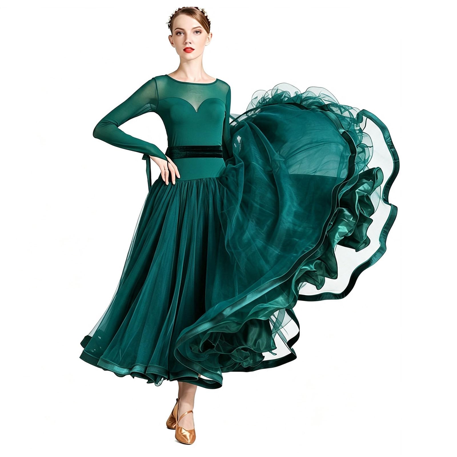 Robe Danse Salon Femme Manches Longues Résille Jupe Tulle Compétition Valse | Robe de danse de salon, Tenue de compétition danse standard, Robe de Compétition Valse Col rond Jupe Grande Volante en Tulle