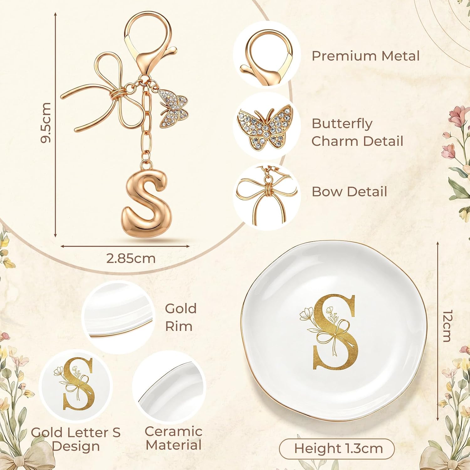 Kacctyen Initial Letter Gifts for Women Personalized Bow Initial Letter Jute Tote Bag Makeup Bag Jewelry Tray Keychain Gift(S)
