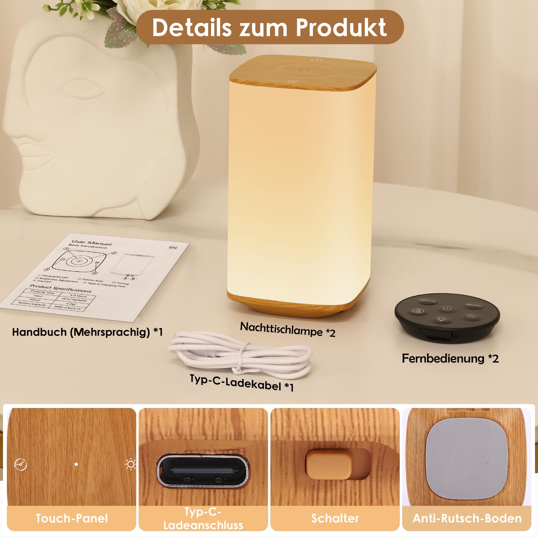 Bonsery LED Nachttischlampe 2er Set mit Fernbedienung, 3000mAh Stilllicht Touch Dimmbar mit 256 Farbwechsel & 3 Farbtemperaturen, Nachtlicht Dimmbar mit Memory Timer Funktion für Schlafen Stillen Büro