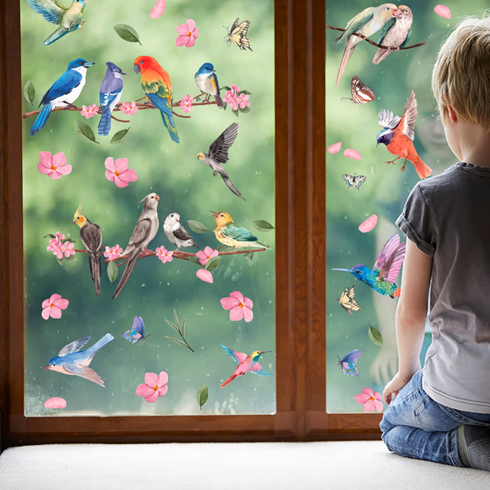 Stickers Fenêtre Fleurs Et Oiseaux Wondever - Déco Printemps/été - Adhésif électrostatique - 9 Feuilles