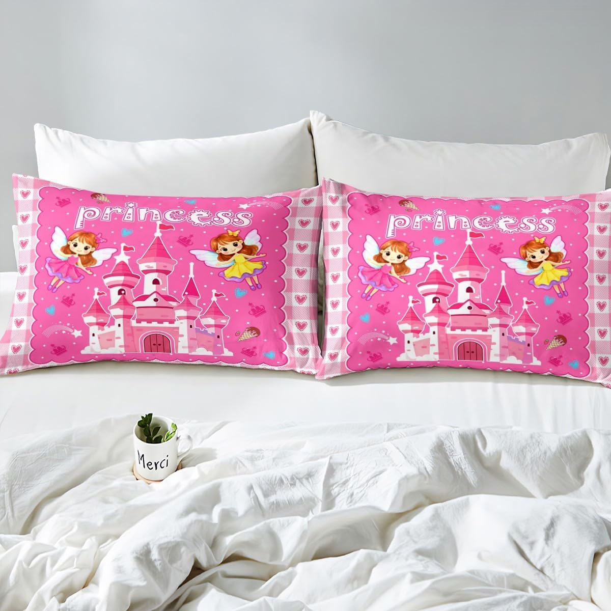 jejeloiu Princess Duvet Cover Pink Castle Dreamy Bedding Set for Kids Boys Girls Flowers Garden Comforter Cover Girlish Theme Bedspread Cover Bedroom Collection 2Pcs Toddler Size,No Comforter
