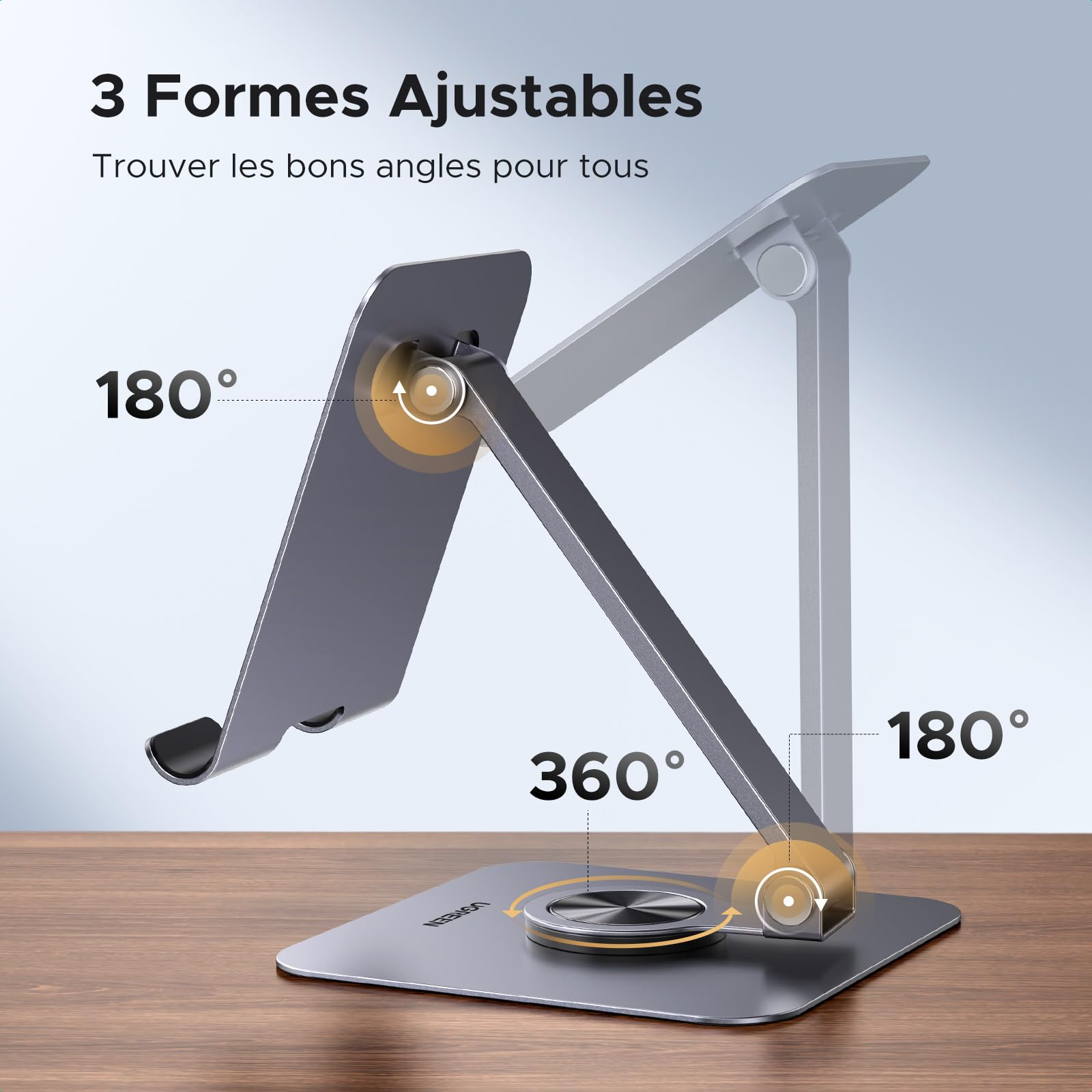 UGREEN Support Tablette Bureau Réglable Rotatif à 360 Degrés Porte Téléphone Pliable en Aluminium Compatible avec iPhone 17 Pro Max Air iPad Pro Air Mini Galaxy Tab A11 S11 A9 Redmi Pad