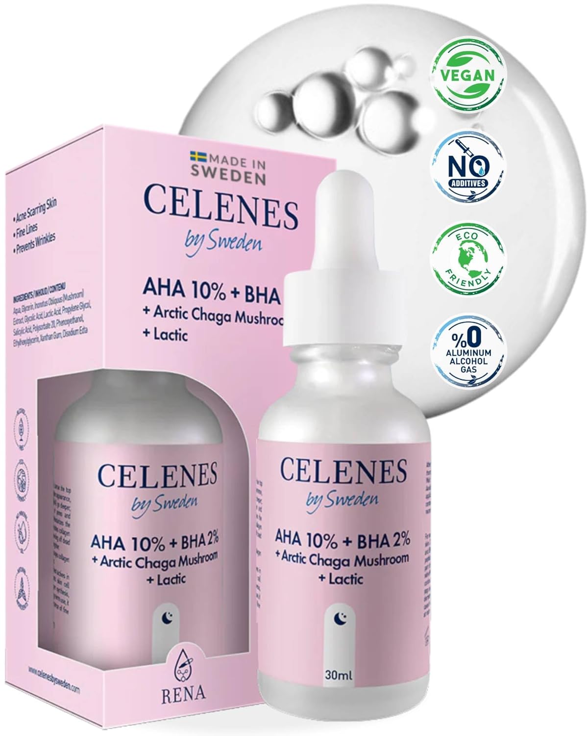 Celenes by Sweden AHA 8% + BHA 2% + Arctic Chaga Mushroom & Lactic Acid Serum – No Fragrances, Alcohol and Parabens, for Acne Prone Skin – Exfoliating & Firming Night Scrub, 30 ml