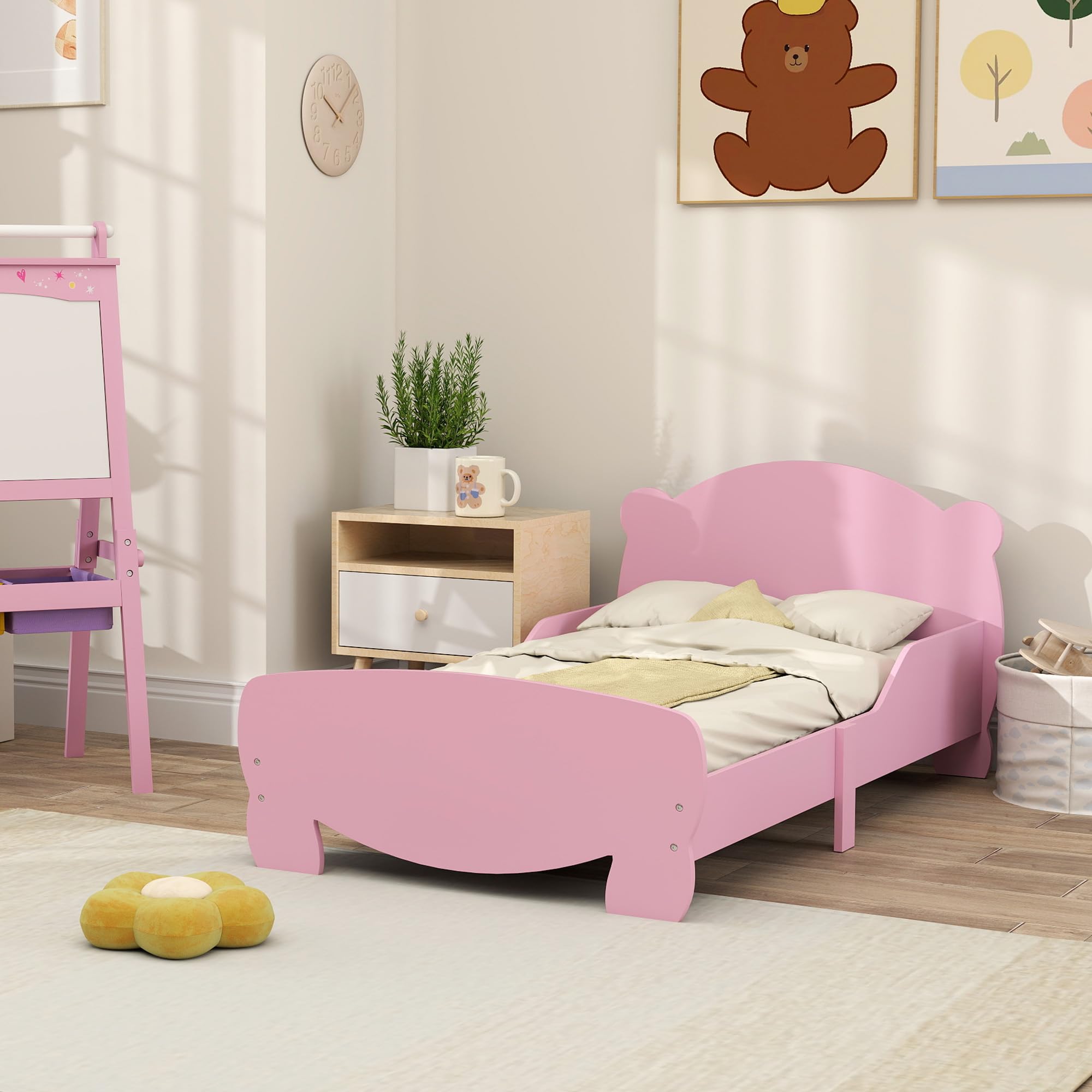 AIYAPLAY Cama Infantil Montessori para Niños de 3 a 6 Años, Cama Infantil Individual de 140x70 cm con Laterales Anticaída y Somier de Láminas de Madera en Forma de Oso para Habitación Infantil, Rosa