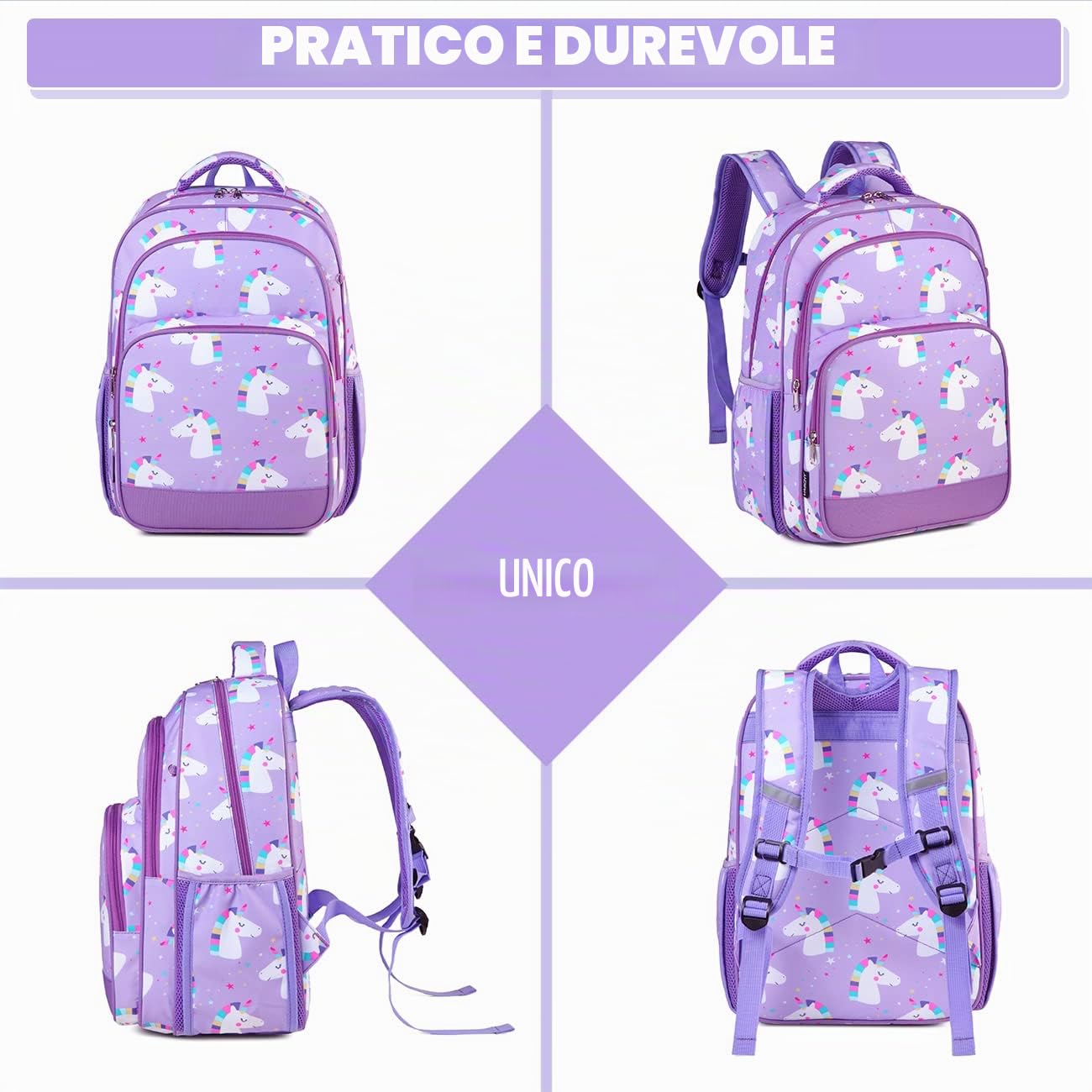 VASCHY Zaino per bambina, zaino unicorno e ragazza, zaino per scuola, per bambine 6-10 anni, zaino per bambini, impermeabile, con scomparto per tablet, per scuola, viaggi, unicorno