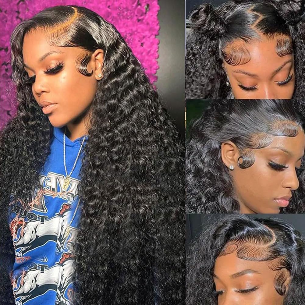 30 Inch Deep Wave Lace Front Wigs Human Hair 200 Density 13x4 HD Lace Frontal Wigs Human Hair Pre Plucked Deep Curly Glueless Wigs Human Hair for Women Natural Black