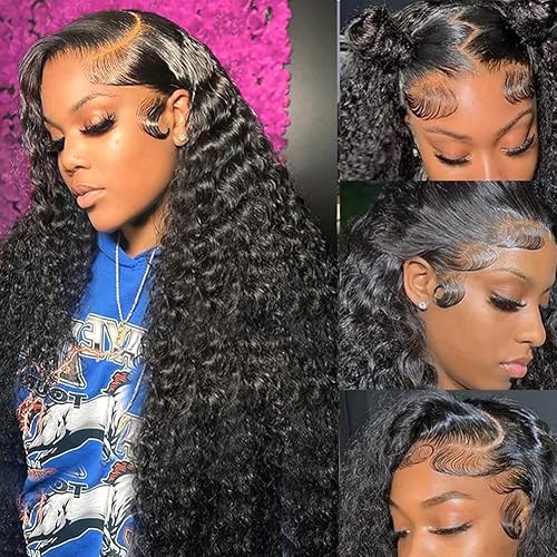Miniatura 9 de Aomllute Pelucas de cabello humano rizado profundo con encaje frontal HD de 13 x 4 pulgadas, previamente despuntadas, densidad del 180 %, nudos