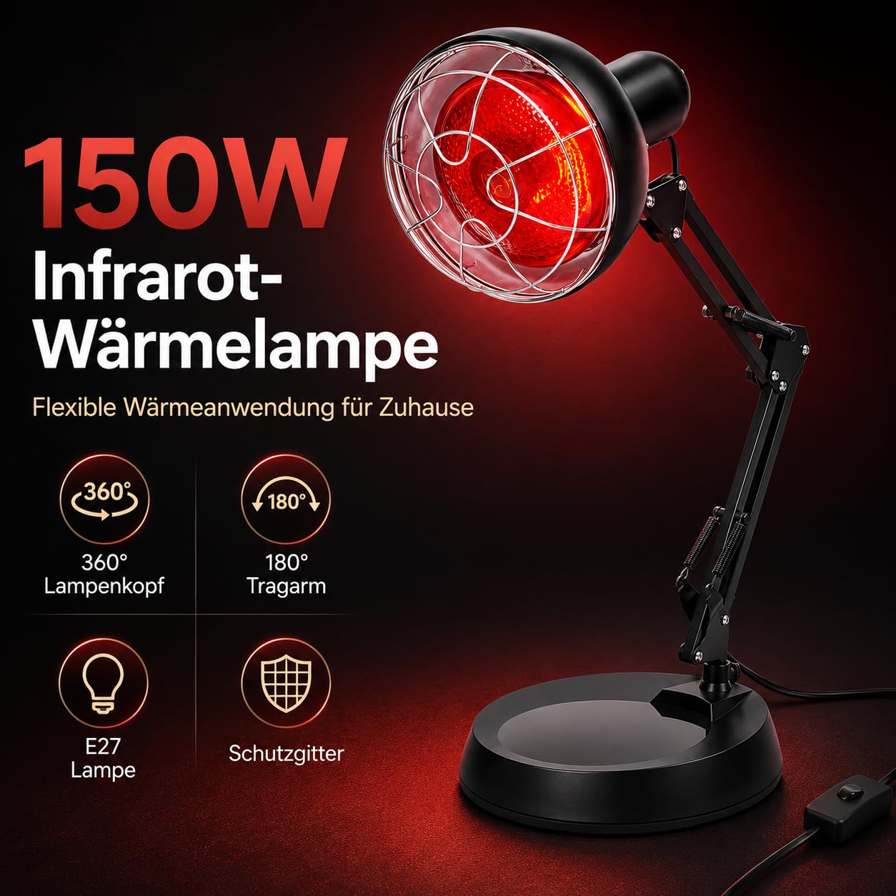 Lámpara de infrarrojos con cubierta de malla antiquemaduras, 150 W, lámpara de luz roja, lámpara de calor para el tratamiento de resfriados y relajación muscular, lámpara calefactora