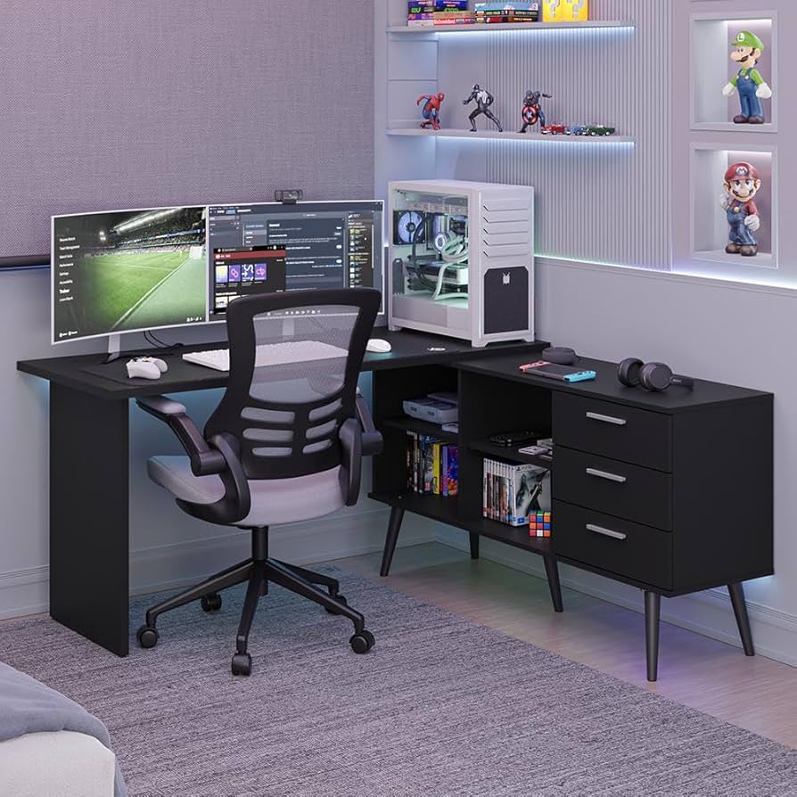 Mesa Para Computador Gamer Em L 3 Gavetas Preto Lisboa Madesa