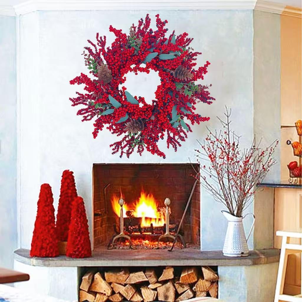 20in Christmas Wreath Artificial Red Berry Pinecone Front Door Wall Decor