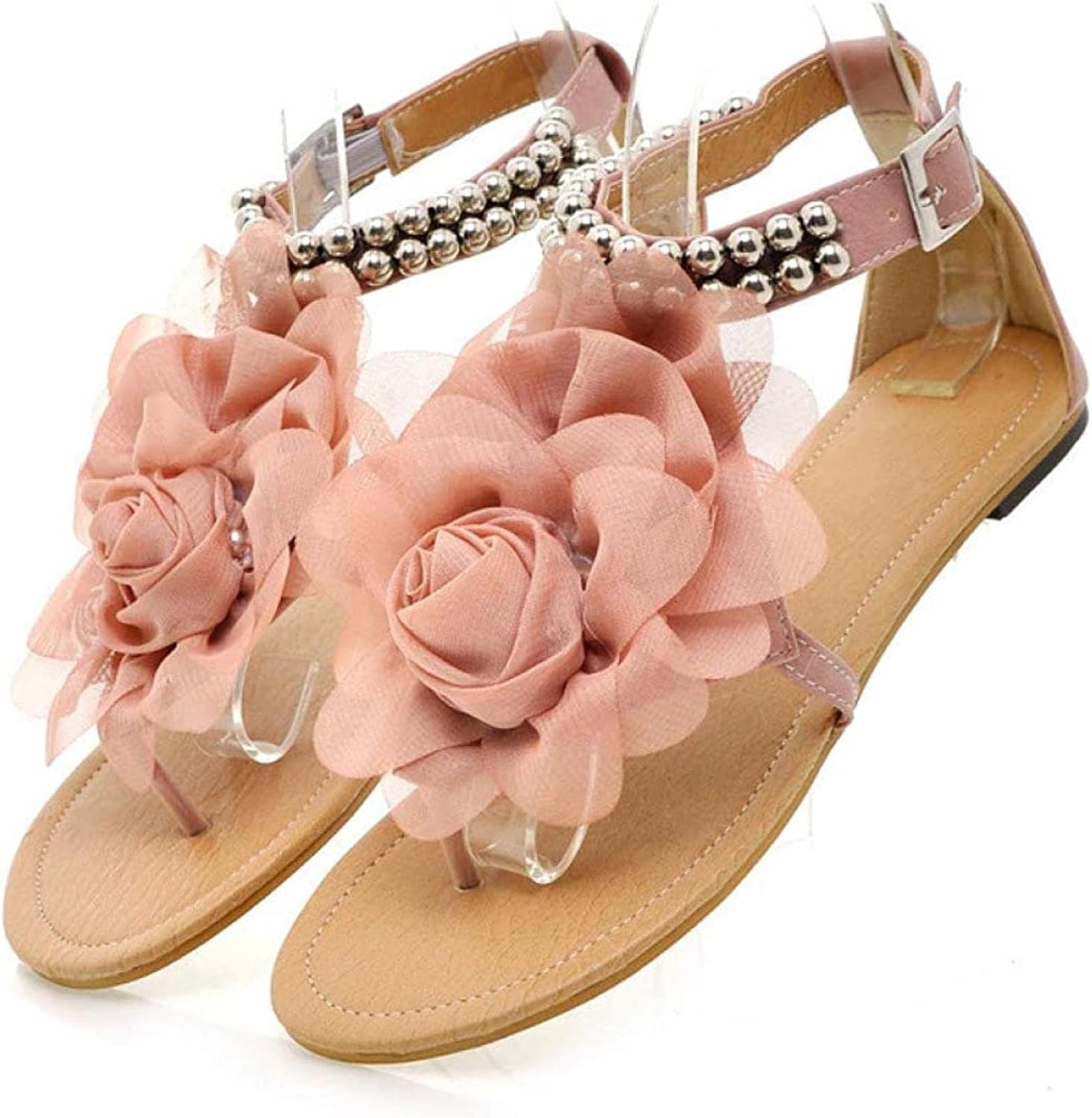 Yiozoi Women's Bohemian Plain T-shaped Slippers with Lovely Flowers and Beads, Ankle Sandals with Beach Flip Flops