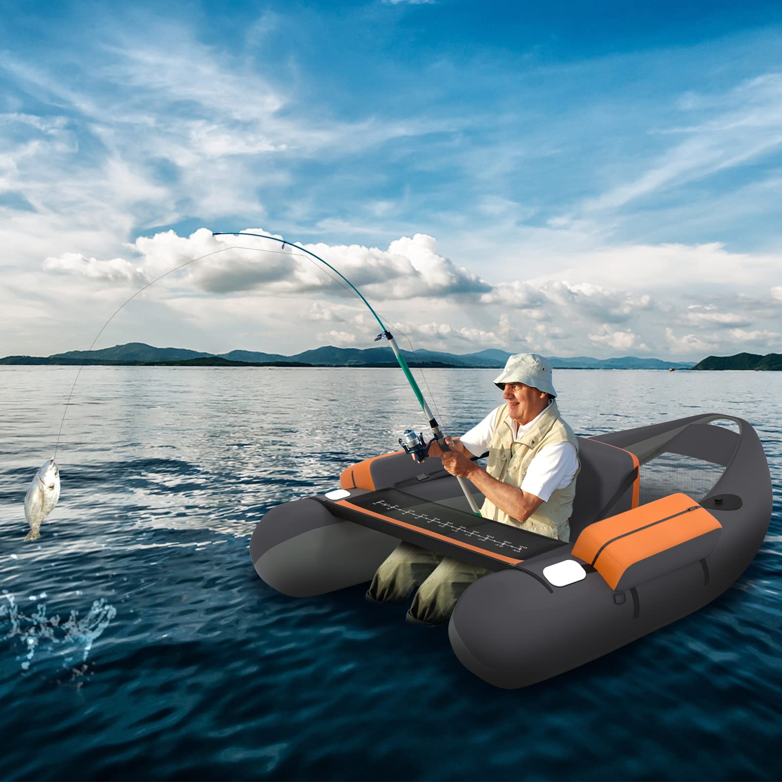 COSTWAY Bateau de Pêche Gonflable avec Sangles Ajustables Palmes et Pagaies en Aluminium, Bateau Gonflable avec Poches de Rangement, Crochet à Poisson, Capacité de Charge de 160 KG