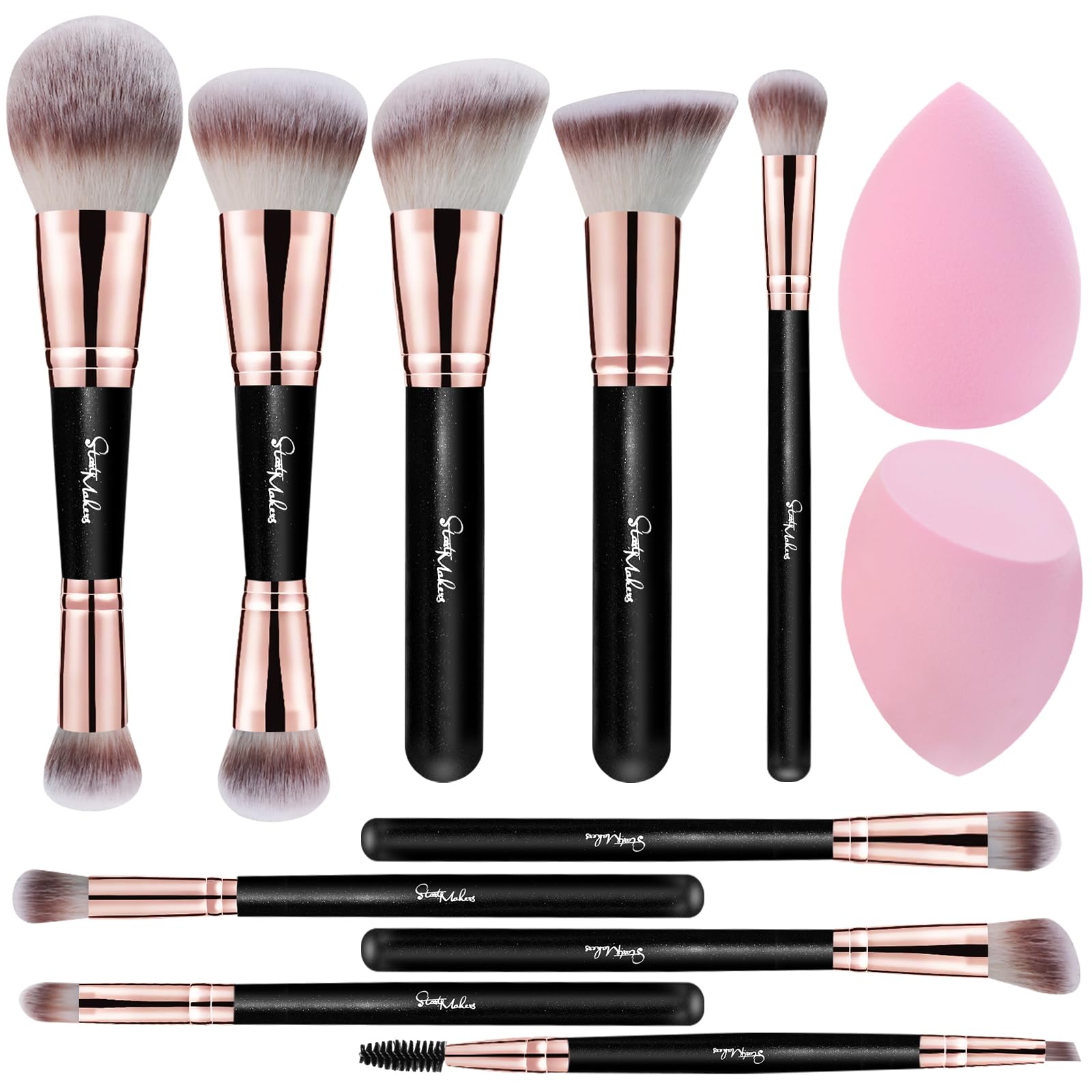 Start Makers 12 Stück Pinselset Makeup Professionelles Duo-End Make up Pinsel Foundation Puder Rouge Concealer Lidschatten Pinsel mit 2 Stück Make-up-Schwämmchen