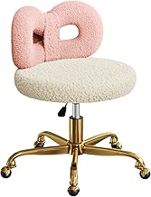 ROOMTEC Swivel Vanity Chair with Wheels, Height Adjustable Makeup Chair with Upholstered and Cute Bow Backrestst (Golden Leg, Pink and White)