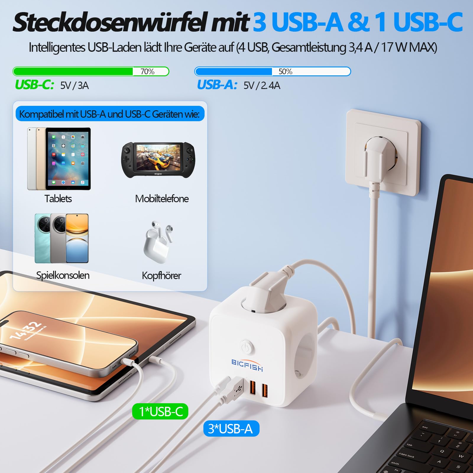 Bigfish Listwa zasilająca z 3 gniazdami USB C, z 4 gniazdami USB, kostka z kablem o długości 3 m, z przełącznikiem, do biura i domu