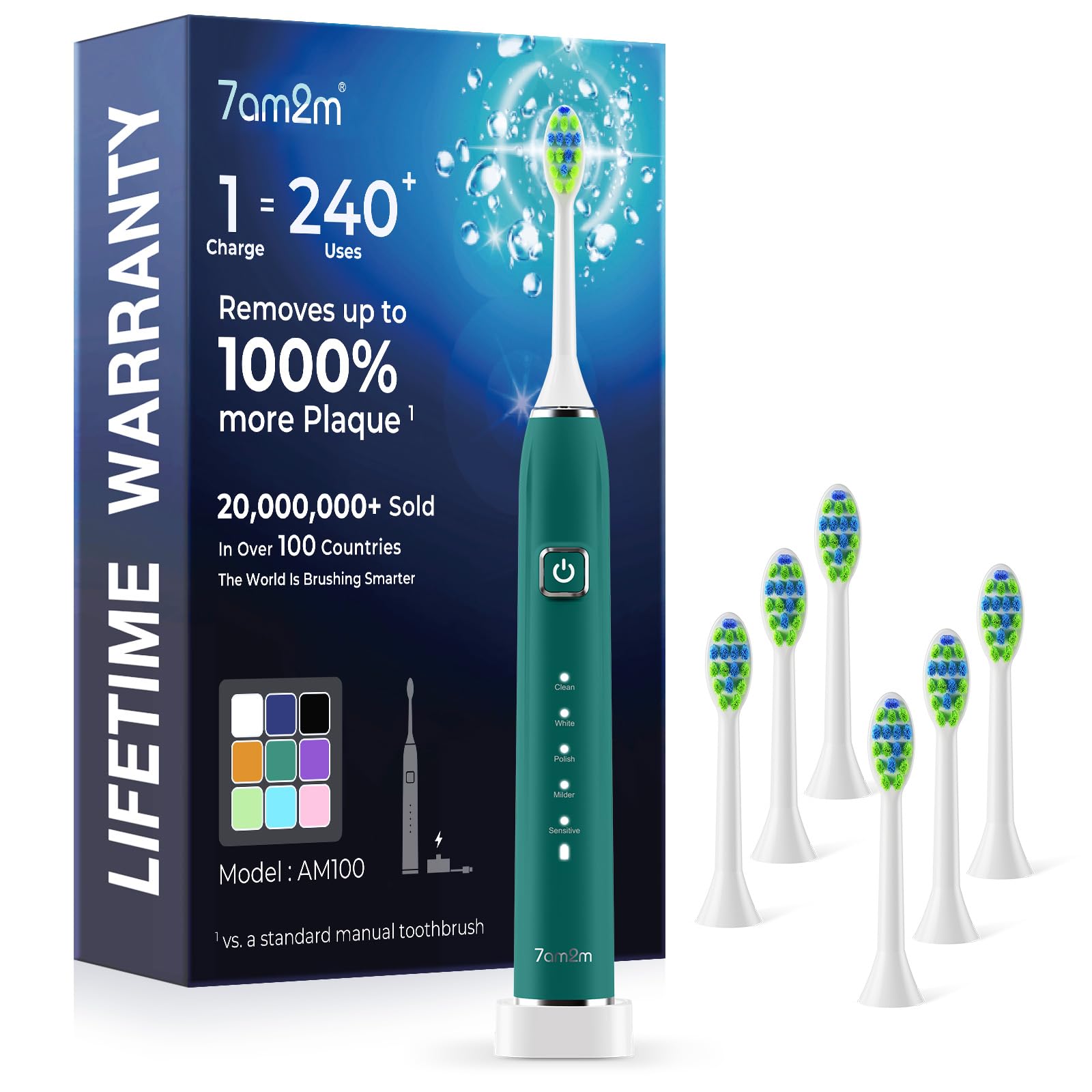 7AM2M Sonic Cepillo de dientes eléctrico con 6 cabezales de cepillo para adultos y niños, una carga de 120 días, carga rápida inalámbrica, 5 modos, 40.000 VPM, 2 minutos incorporado