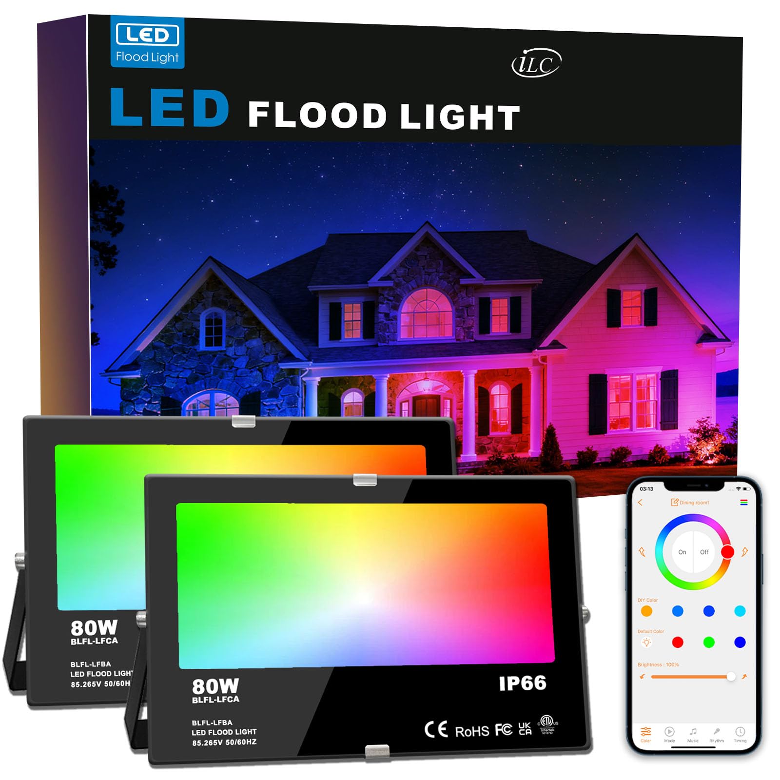 HEKEE LED RGB Floodlights Outdoor, 800W Equivalent, Smart Colour Changing Flood Lights, APP Controlled, Timing, IP66 Waterproof, UK Plug (2 Pack)