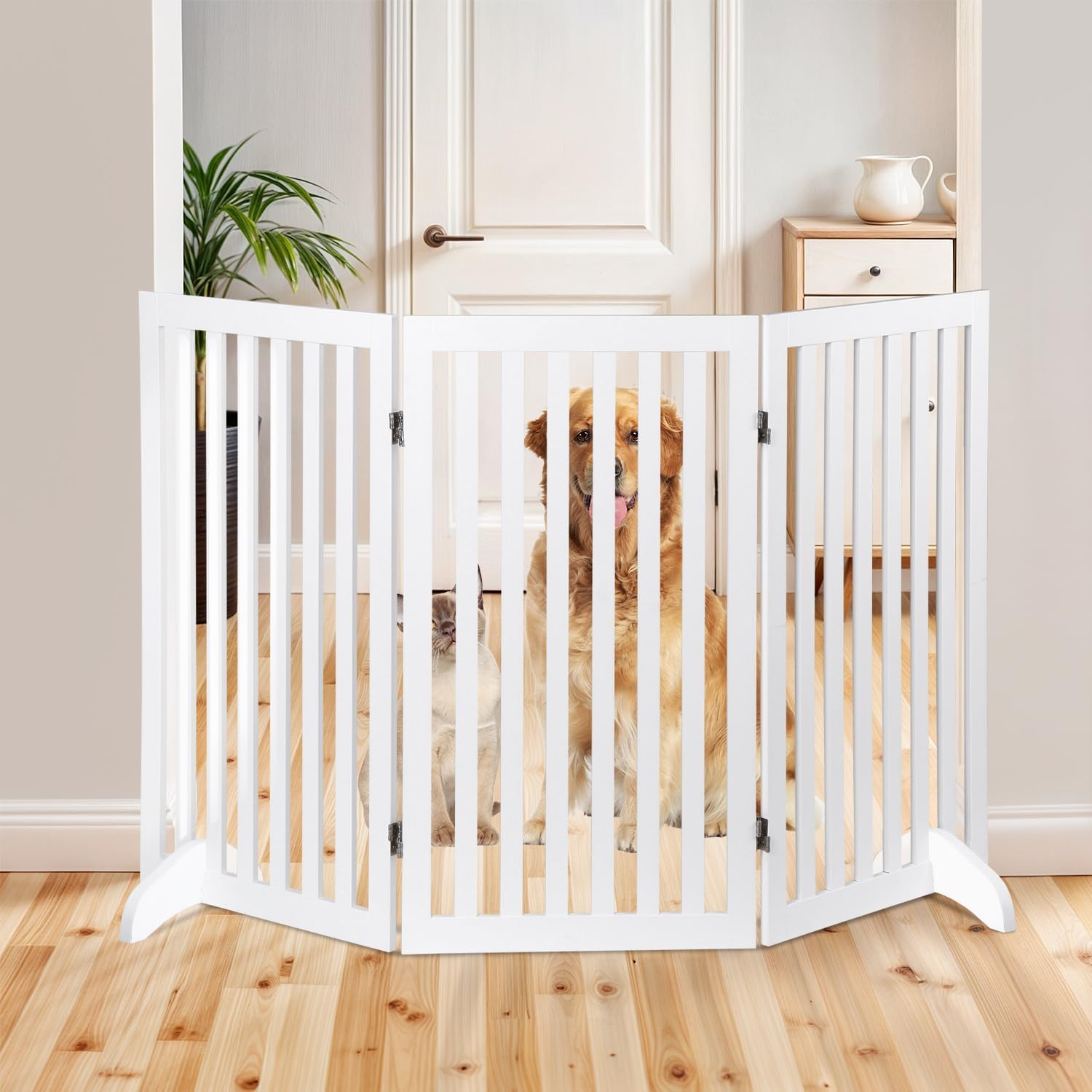 Dog Gate 60 x 36 Inch Freestanding Indoor Pet Door for House Doorways Stairs Halls, Foldable Wood Safety Fence 3 Panels, White