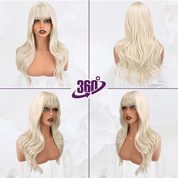BARSDAR 20 Inch Synthetic Soft Wavy Platinum Blonde Layered Wig with Bangs