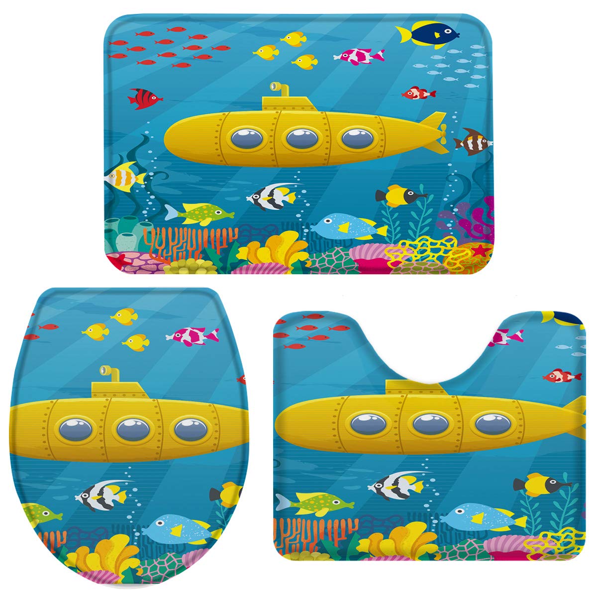 Queenker 3 Pieces Bath Rug Set Toilet Seat Cover Yellow Cartoon Submarine Print Contour Rug, Pedestal Mat and Toilet Lid Cover?Non-Slip Bathroom Floor Mat 20''x31''+16''x18''+16''x20''