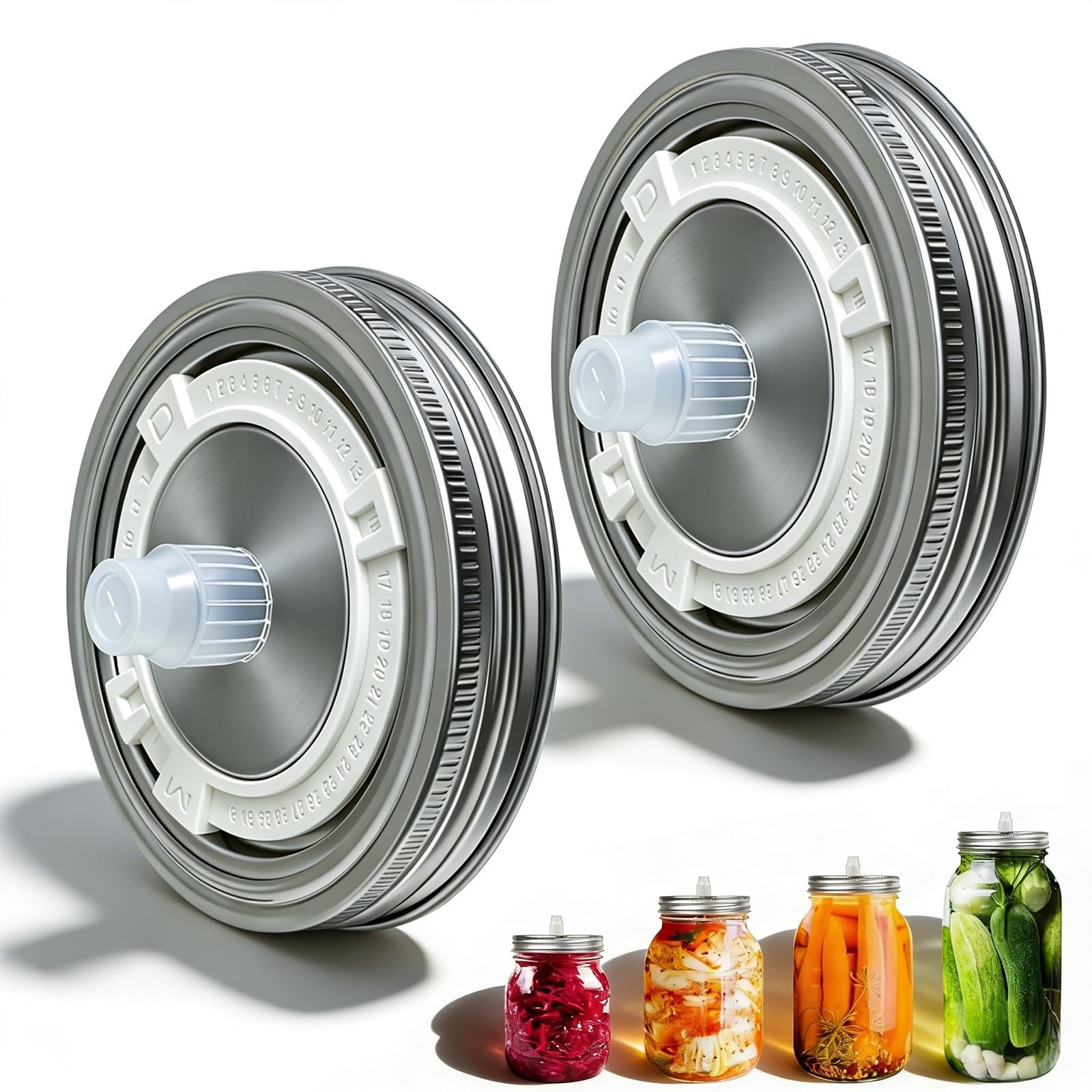 Fermentation Lids for Wide Mouth Mason Jars 86mm, 2 Stainless Steel Fermenting Jar Lid with Date Tracker & One-Way Airlock Valve for DIY Sauerkraut, Kimchi, Pickles, Fits 16oz 24oz 32oz 64oz Jars