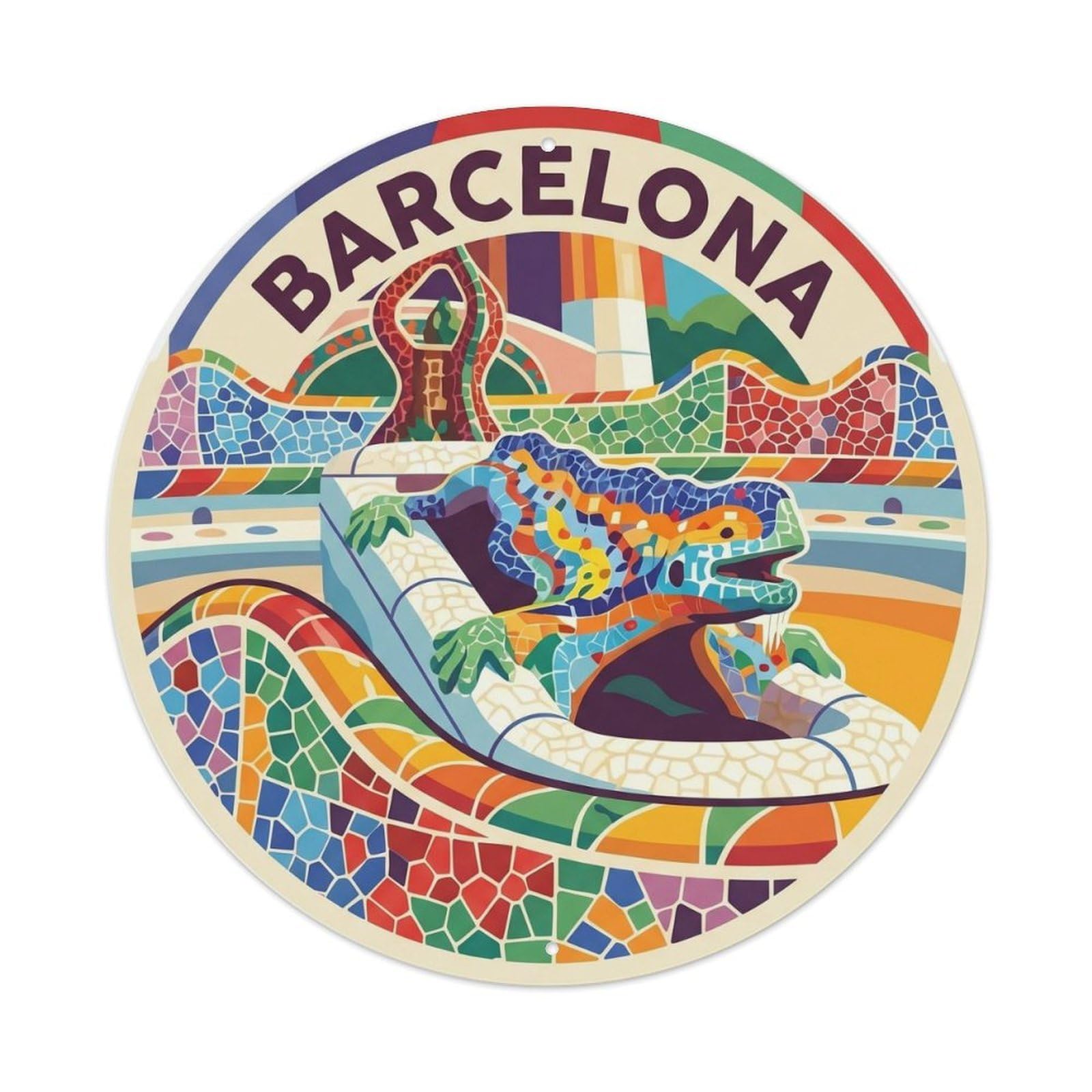 Vintage Travel Barcelona Park Guell 2 Metal Tin Sign Plaque Wall Decor for Cafe, Club Bar, Office, Home Garden Round Metal Poster 8x8Inch