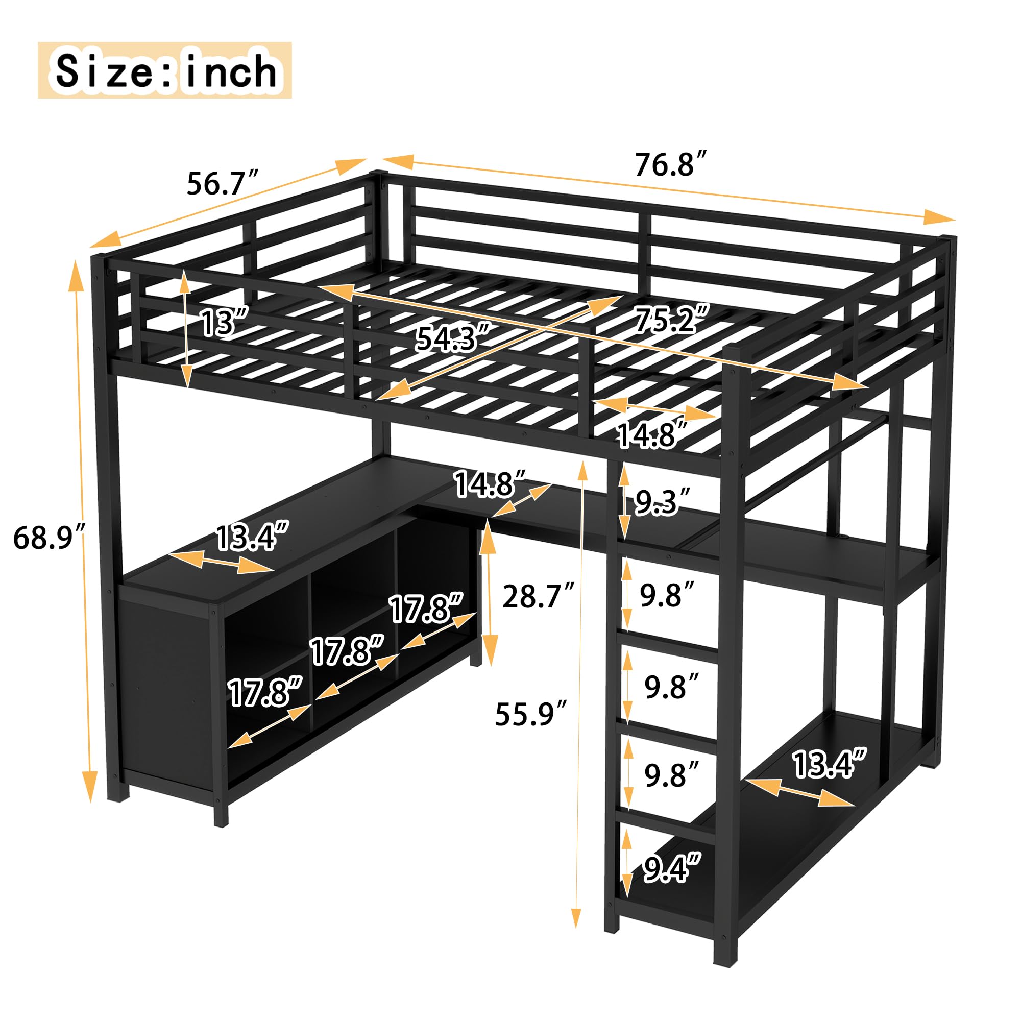 Full Size Metal Loft Bed with L-Shaped Desk & Shelves - Heavy Duty Space-Saving Bed Frame for Teens, Adults - No Box Spring Needed, Easy Assembly (Black, Full)