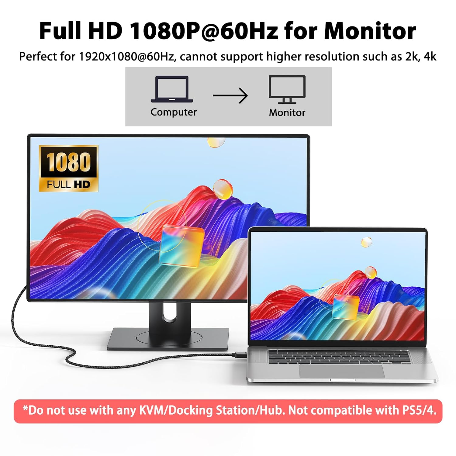FEMORO HDMI to VGA Cable 6 Feet Male to Male Nylon Braided Cord 1080P@60Hz for Laptop, Desktop Computer PC, Xbox, PS3, Raspberry Pi to Monitor (UniDirectional) image 3