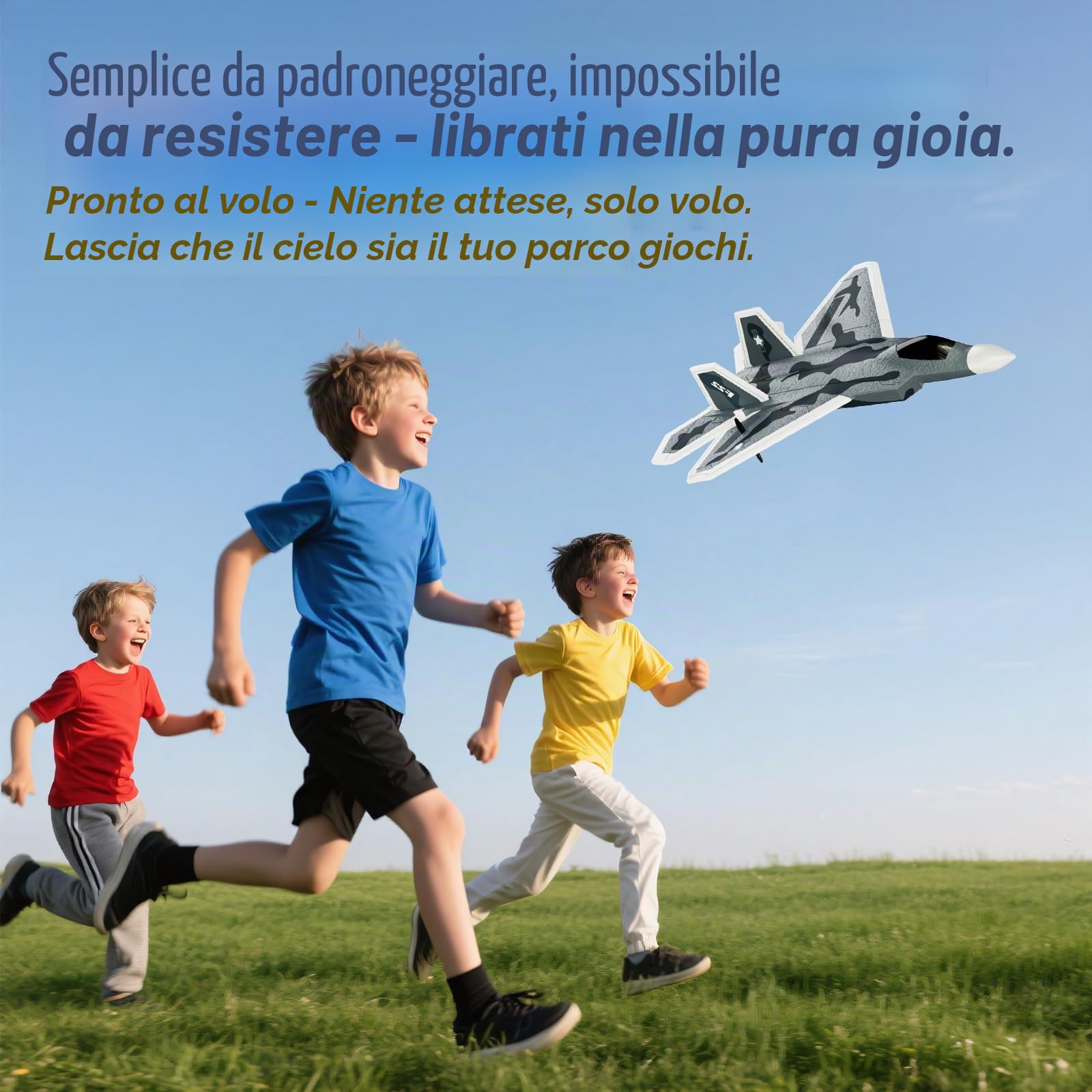 DEERC 2CH F22 Avione telecomandato Raptor con luci, aereo da caccia telecomandato, aliante RTF con stabilizzatore giroscopico a 6 assi 2,4 GHz, con 2 batterie, facile da pilotare per bambini