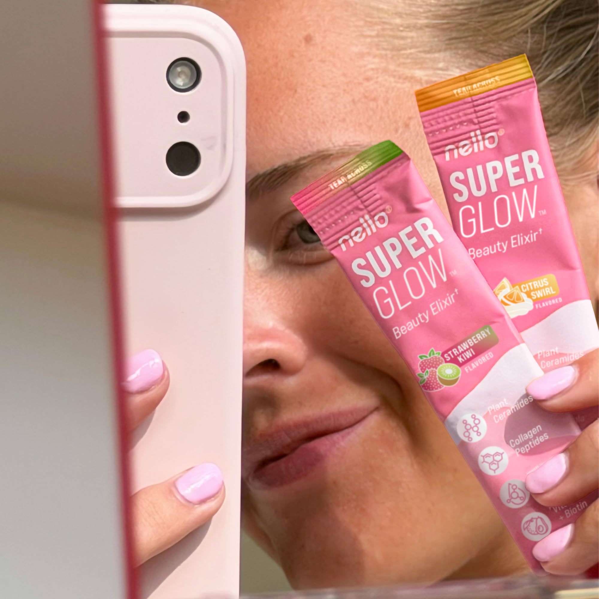 Nello Superglow Powdered Drink Mix, Skin Hydration, Glow & Hair Support, Collagen Peptides, Hyaluronic Acid, Ceramosides, Biotin & Vitamin C, 20 Stick Packs (Strawberry Kiwi) — Amazon image 9