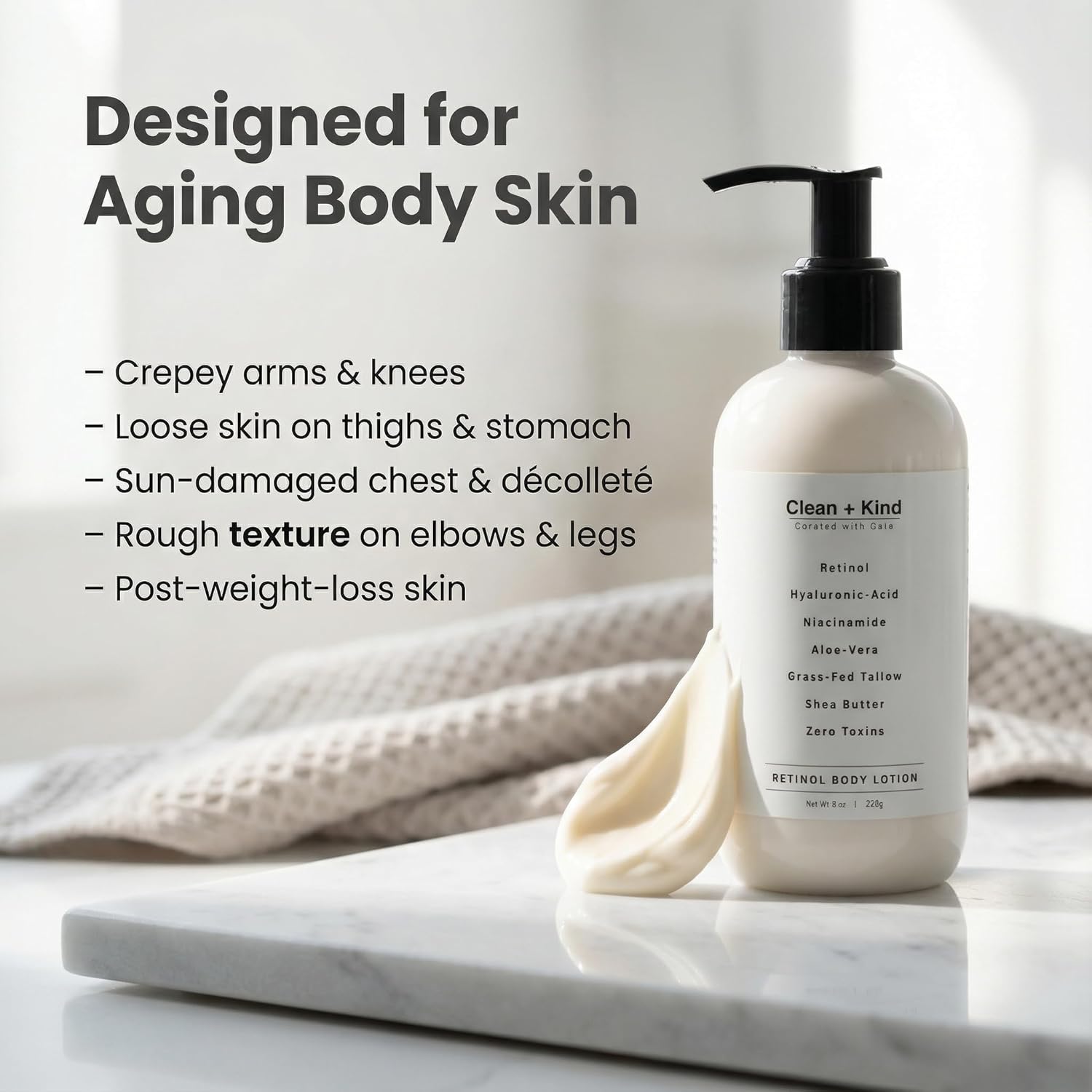 Clean + Kind Firming Retinol Body Lotion for Wrinkles & Crepey Skin – Anti-Aging Moisturizer with Hyaluronic Acid, Niacinamide, Aloe Vera, Shea Butter & Grass-Fed Tallow Skincare - Image 4