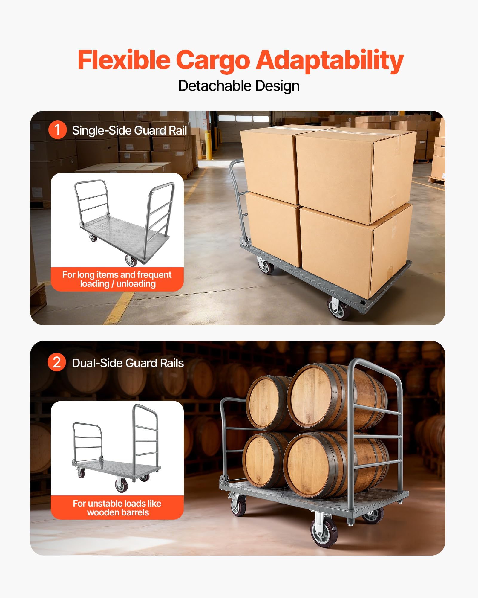 VEVOR Carrello da Trasporto a Piattaforma Capacità Carico max. 1202,02 kg, Carrello con Pianale Maniglia Doppia Pianale per Trasporto di Pacchi Merci Traslochi 1220 x 610 x 920 mm Ruote Girevoli